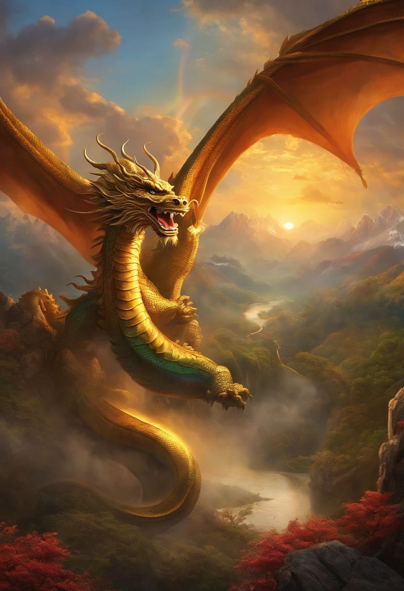 Landscape painting，A round of the sun hangs high in the sky，Rainbow in the air，A huge Chinese dragon is golden in the air