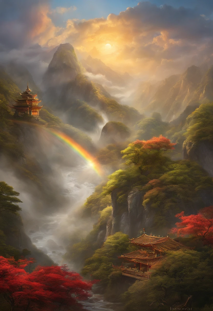 Landscape painting，A round of the sun hangs high in the sky，Rainbow in the air，A huge Chinese dragon is golden in the air