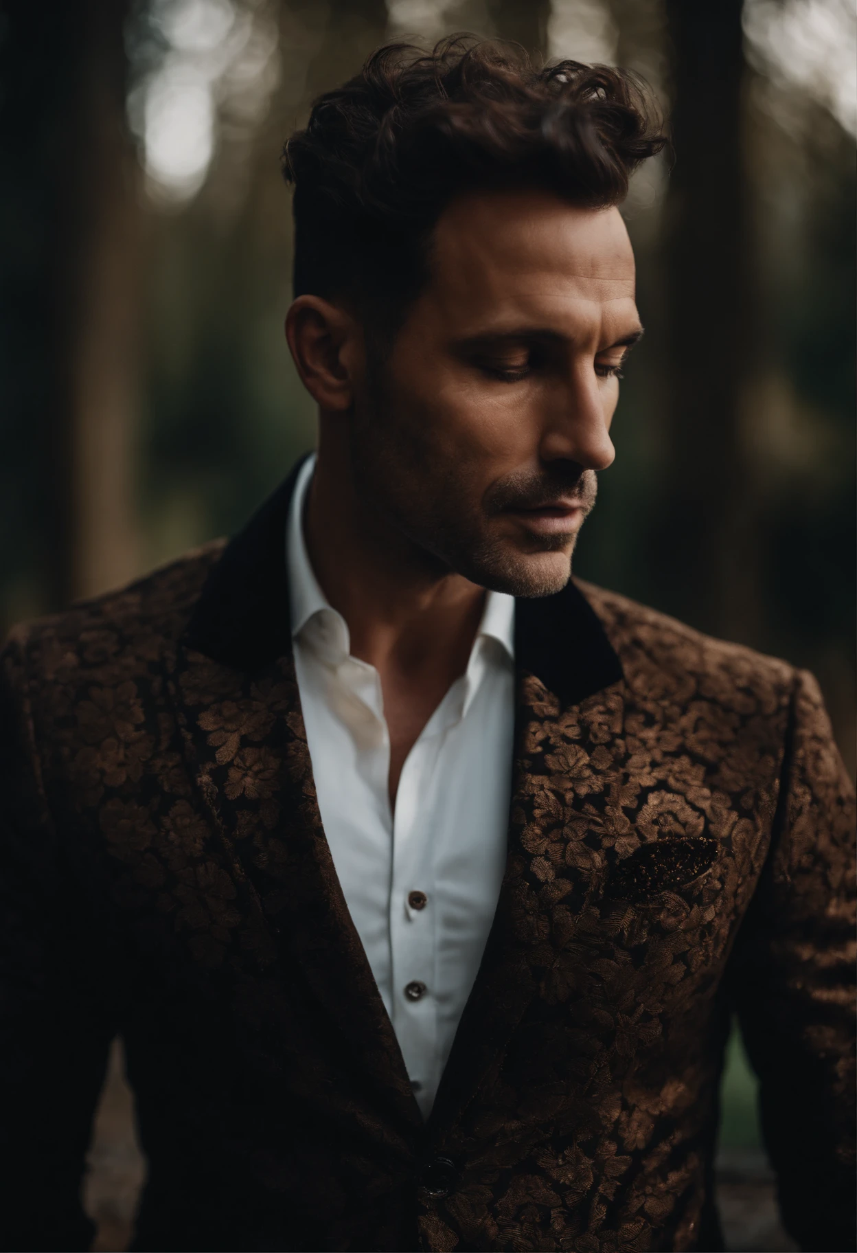Cinematic photo, wide angle, of a handsom man, tall and fit, 40 years old, (shaven:1.2) , short curly brown hair. dark brown tight velvet suit, (the jacket has black flower patterns:1.2). Minimalistic background, clean composition, strong details, Muted Colours, Hasselblad --style raw