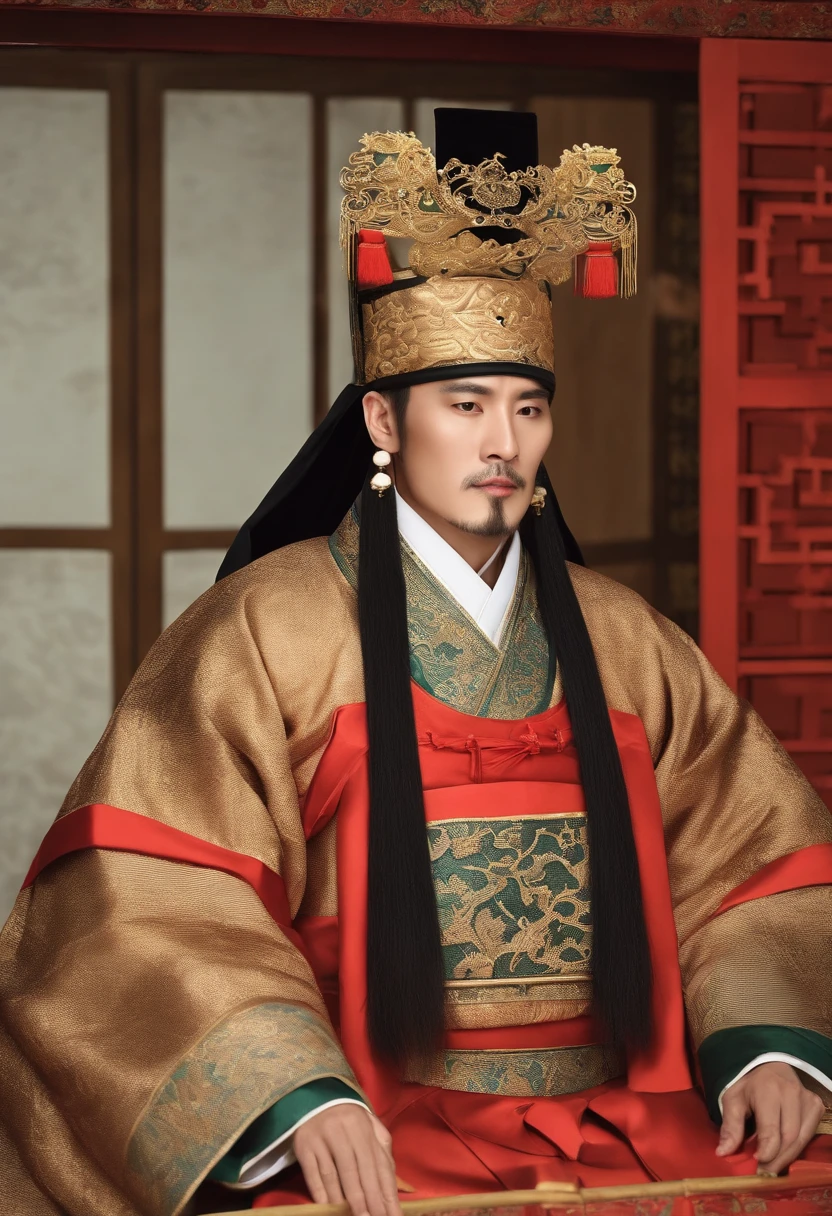 Song Jiang，Water Margin characters，A man stands dressed as a Chinese official from the Song Dynasty，His position is that of Abbot，There is a cross-angled head on the top of the head，The character's appearance is Danfeng Eye，Lying silkworm eyebrows，The lips are square，The forehead is wide and flat，There are two earlobes，Eyes are focused，Darker skin