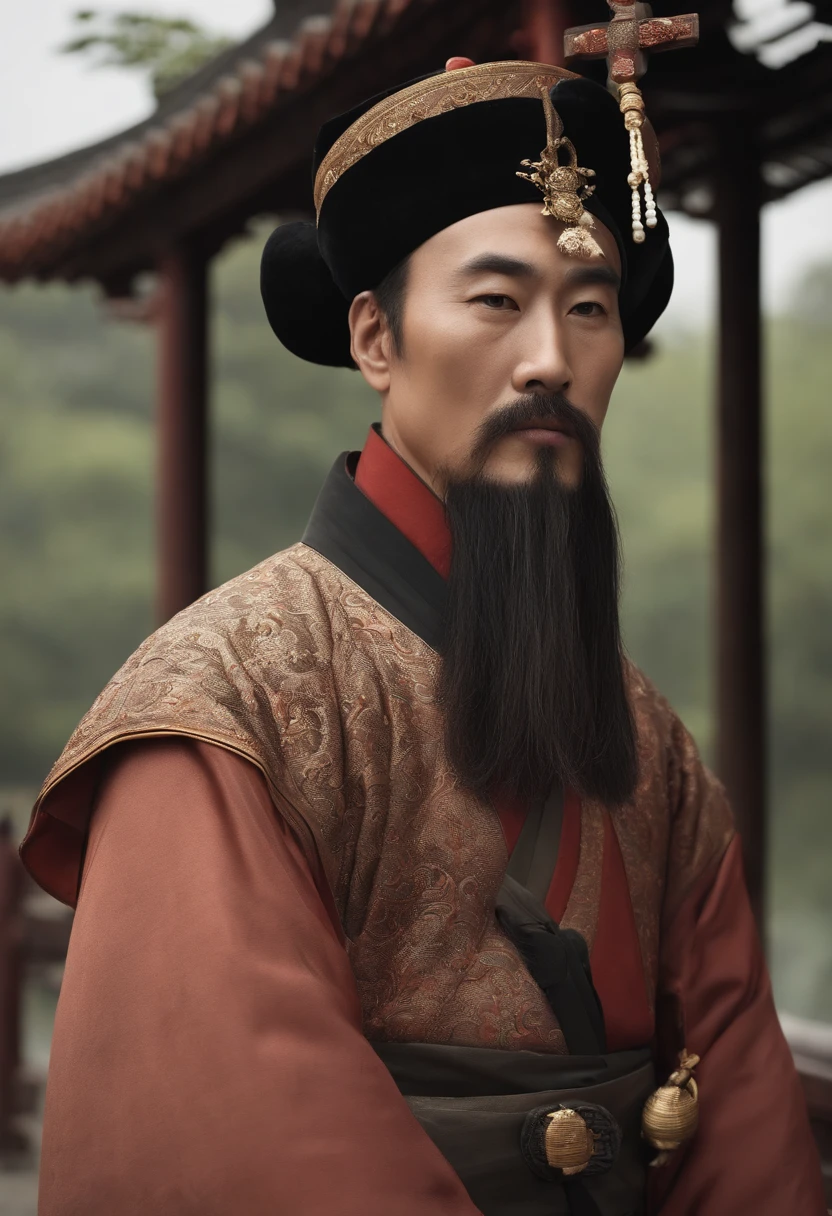 Song Jiang,Water Margin characters,A man stands dressed as a Chinese official from the Song Dynasty,His position is that of Abbot,There is a cross-angled head on the top of the head,The character's appearance is Danfeng Eye,Lying silkworm eyebrows,The lips are square,The forehead is wide and flat,There are two earlobes,Eyes are focused,Darker skin