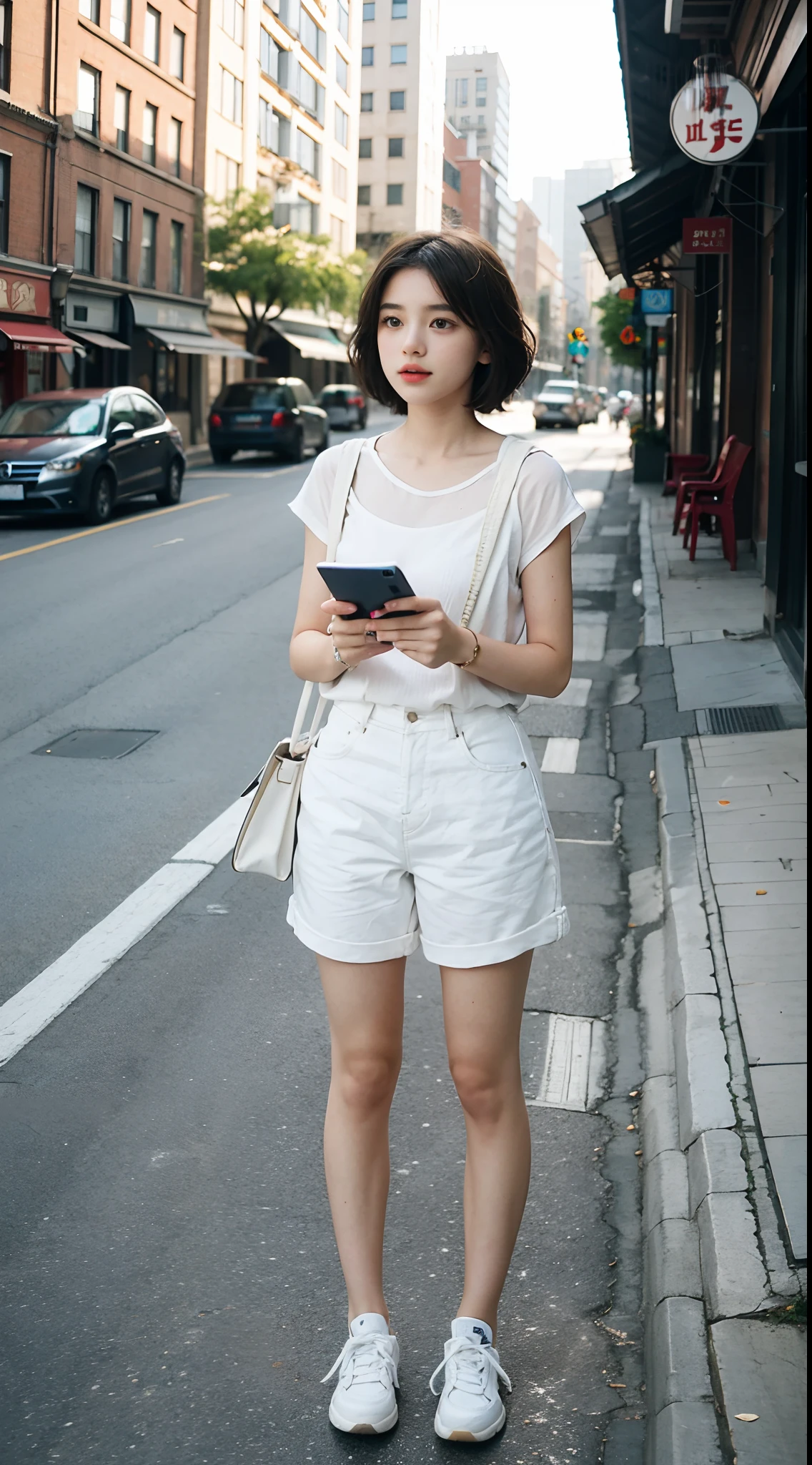 teens girl，gentle and cute，short detailed hair，（Books in hand），the city street，White casual clothes