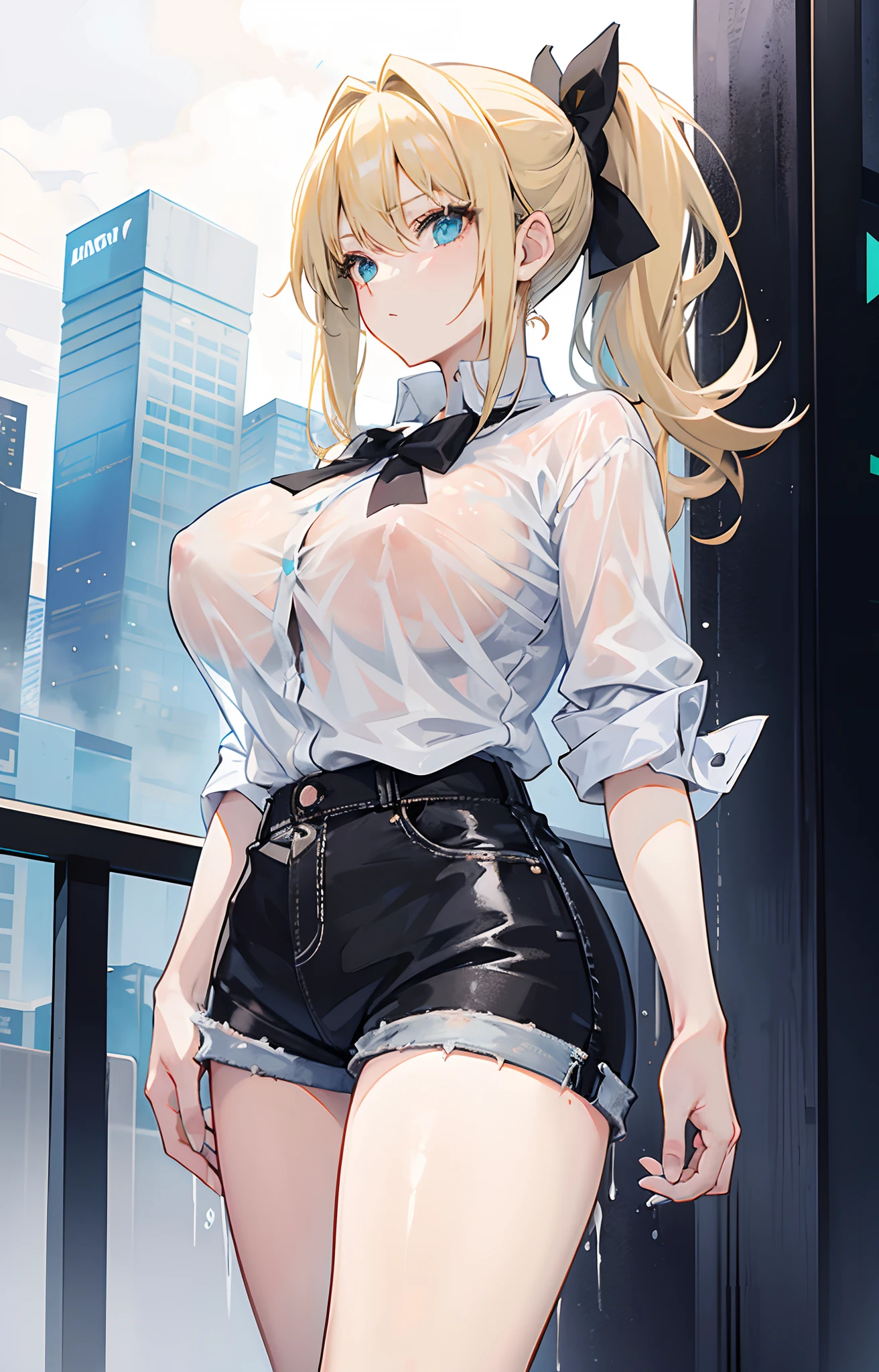 21 year old woman with blonde hair, Turquoise eyes, large boobs, A short ponytail and a black bow are tied on the back.. Wear a white shirt and jean shorts in the rain