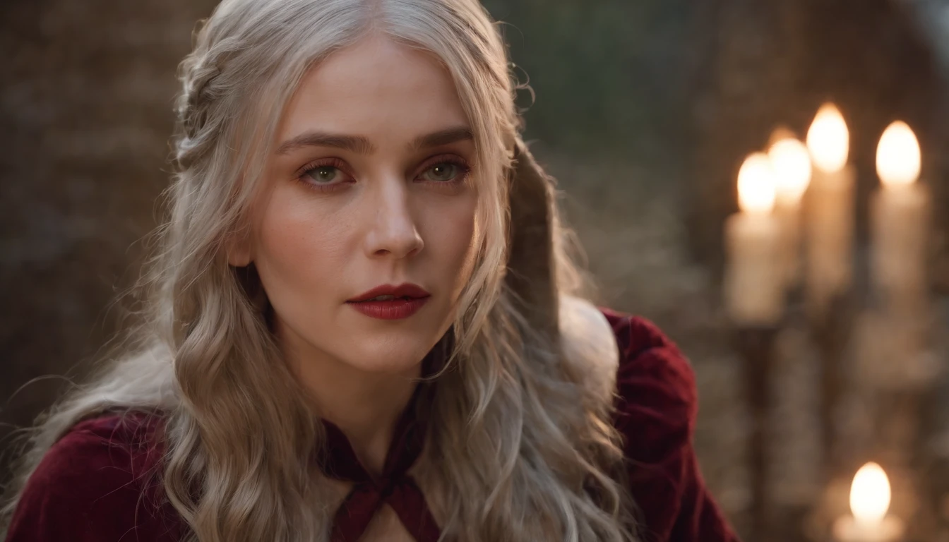 (((A deep red wound streaked across her left cheek))) Fair complexion, A woman around 19 years old, Natural gray hair, Unique green eyes, Wear Cole, Slender and graceful, Beautiful, Candlelight in a medieval setting, super sharp focus, realistic lens, Medieval women's clothing, Four colors (Scar:1.4)