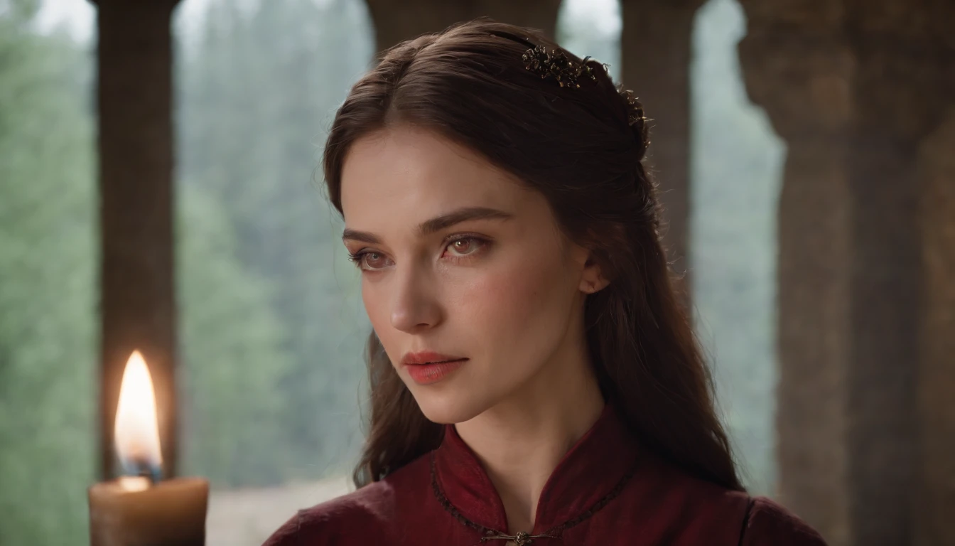 (((A deep red wound streaked across her left cheek))) Fair complexion, A woman around 19 years old, Natural gray hair, Unique green eyes, Wear Cole, Slender and graceful, Beautiful, Candlelight in a medieval setting, super sharp focus, realistic lens, Medieval women's clothing, Four colors (Scar:1.4)
