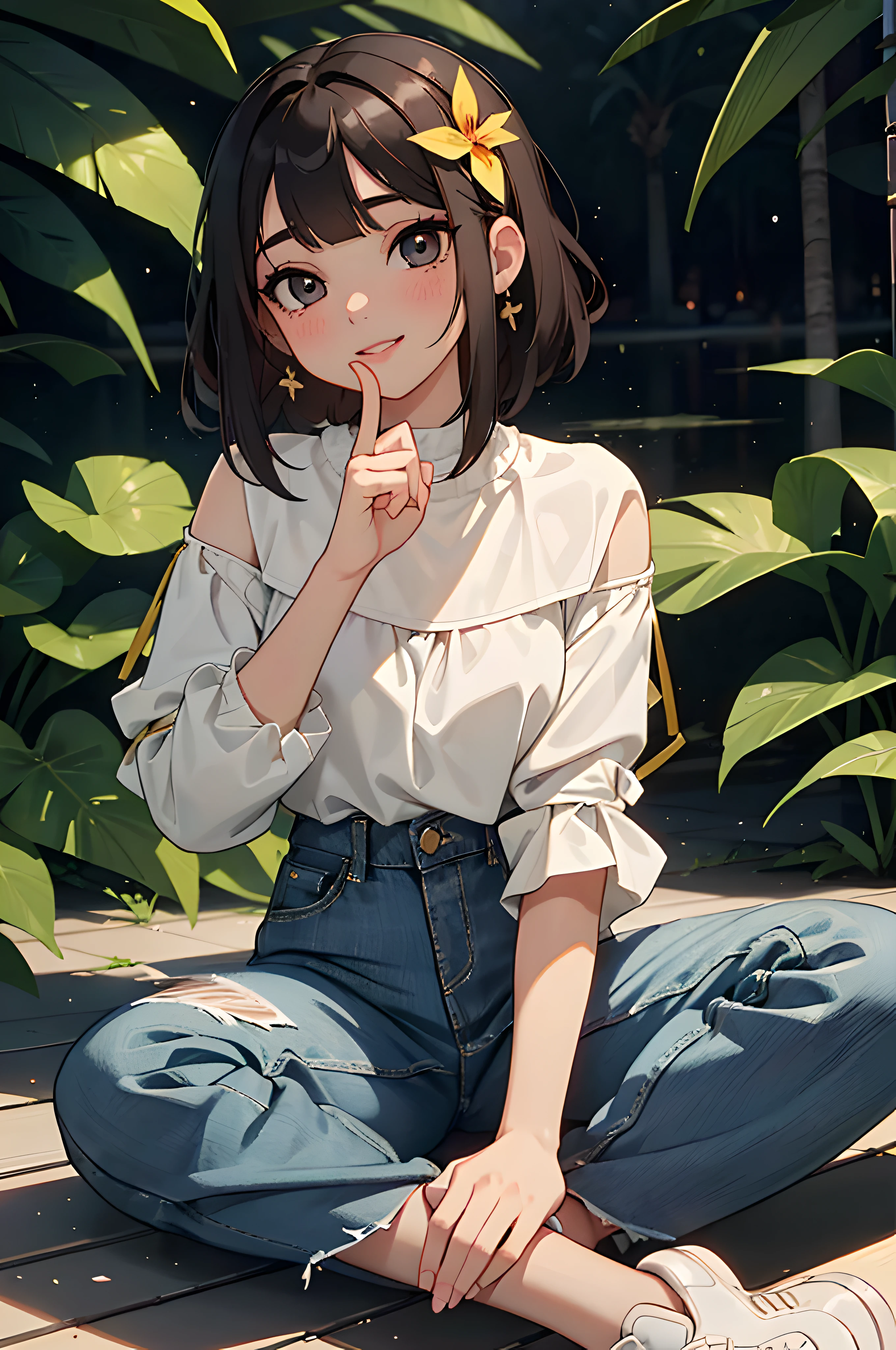 (masterpiece), (portrait), (aesthetic), (beautiful), (upper blody), (high quality), (aesthetic clothings), (professional angle), (rule of thirds), (Feminine), (woman), (female), (beautiful),(feminine features), (25 years), solo, 1 woman, (attractive Philippine), Winter, Soft light, (Sitting), Chic Makeup, (Medium bust), ((holding a Tropical Fruit)), (Side face), (Smiling expression), ((Cheerful)), Flower Crown, ((Medium hair)), (Black hair), (Straight hair), (Silky hair), Glossy shine hair, (Hairpin in hair), (Brown eyes), (Youthful, Natural look), (Olive skin), (Vibrant clothing), (Blouse), (Jeans), (Sneakers), Off-Shoulder neckline), ((Urban background)), (- in background), (Full Shot shot), beautiful hands, two hands, normal hands, two arms, complete hands, beautiful body, beautiful fingers, normal fingers, five fingers, five fingers, (Thumb index meddle ring little fingers), beautiful ears, normal ears, beautiful eyes, shiny eyes, beautiful mouth, beautiful lips,