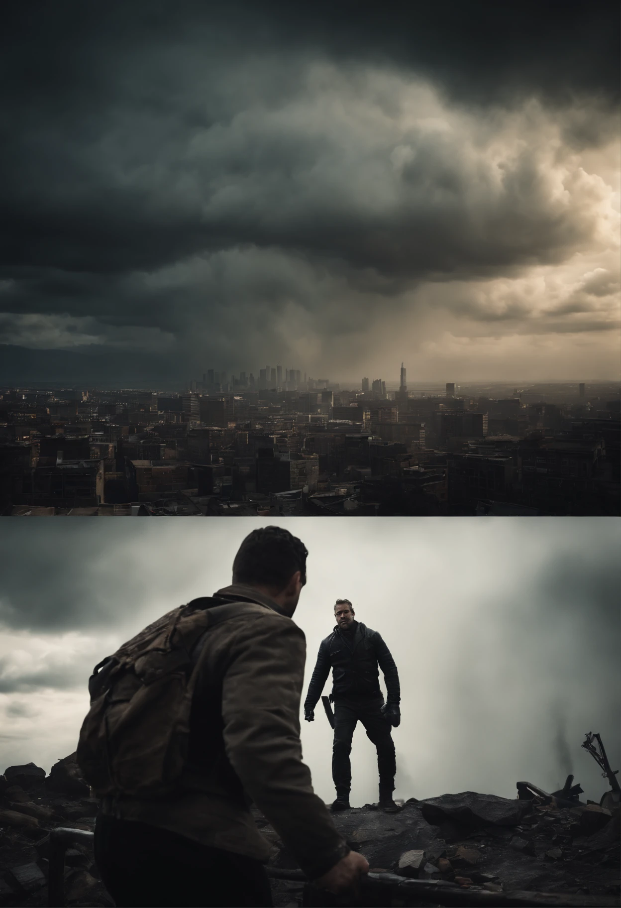 Create a cinematic scene for a movie poster that captures the intense moment when the hero confronts the main antagonist in a post-apocalyptic world, with a dramatic backdrop of a crumbling cityscape and a stormy sky