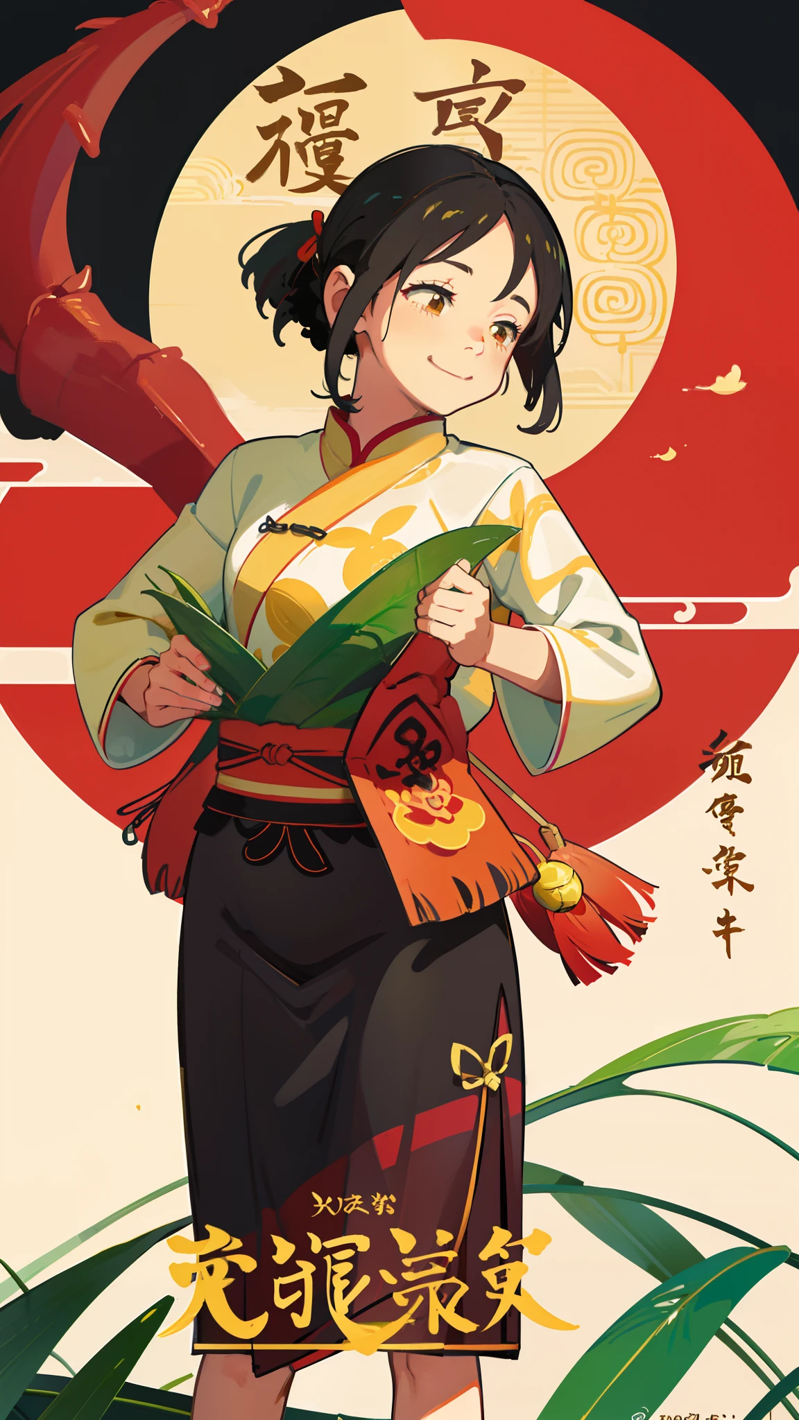 Dragon Boat Festival Poster,A little girl in a basket,Little girl eating rice dumplings,Zongzi is a traditional Chinese delicacy,Facial expression happy and smiling,Glutinous rice wrapped in bamboo leaves,cartoonish style,quadratic element,lovely art style,Children's art at ArtStation,lovely digital painting,Guviz-style artwork