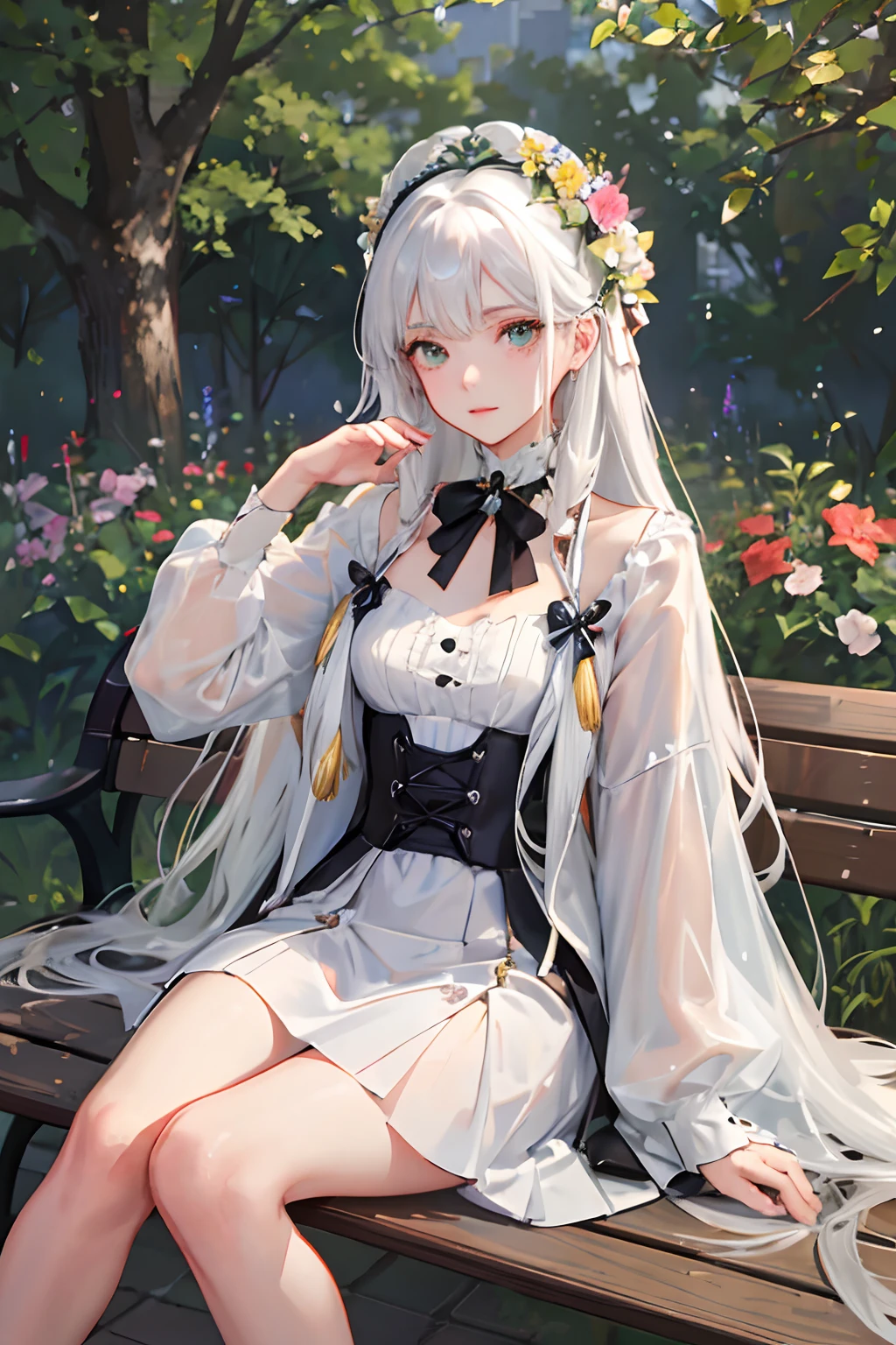 (masterpiece, best quality),1girl with long white hair sitting in a forest of plants and flowers,her hand under her chin,The Silver Moonlight,white dress,rain night,
((masterpiece)), expressionless, (((best quality))), ((illustration)), 1girl,((solo)), (detailed face), (beautiful detailed eyes), light eyes, blue eyes, ((disheveled hair)), silver hair, full body, smile, blank stare, sitting, ((looking to the side)), bow tie hair band, white transparent long skirt, noble, mysterious, bright background, in forest, nature,Moonlight through the leaves, butterfly, river,  <lora:epiNoiseoffset_v2Pynoise:1.5>