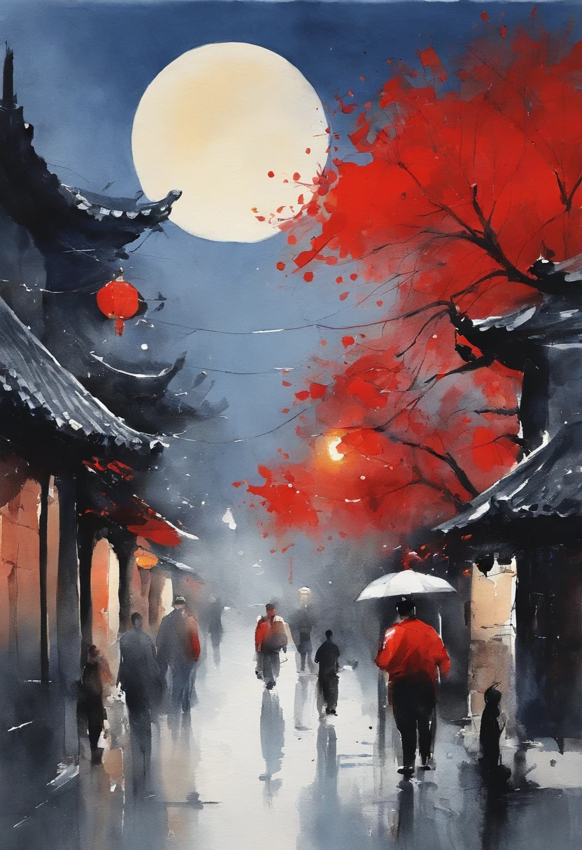 On the streets of Beijing under moonlightminimalist style, People coming andgoing,primarily in Klein Blue. white and red assecondary colors,flat illustration style, 8K.--ar9:16 --niji 5 --s 400