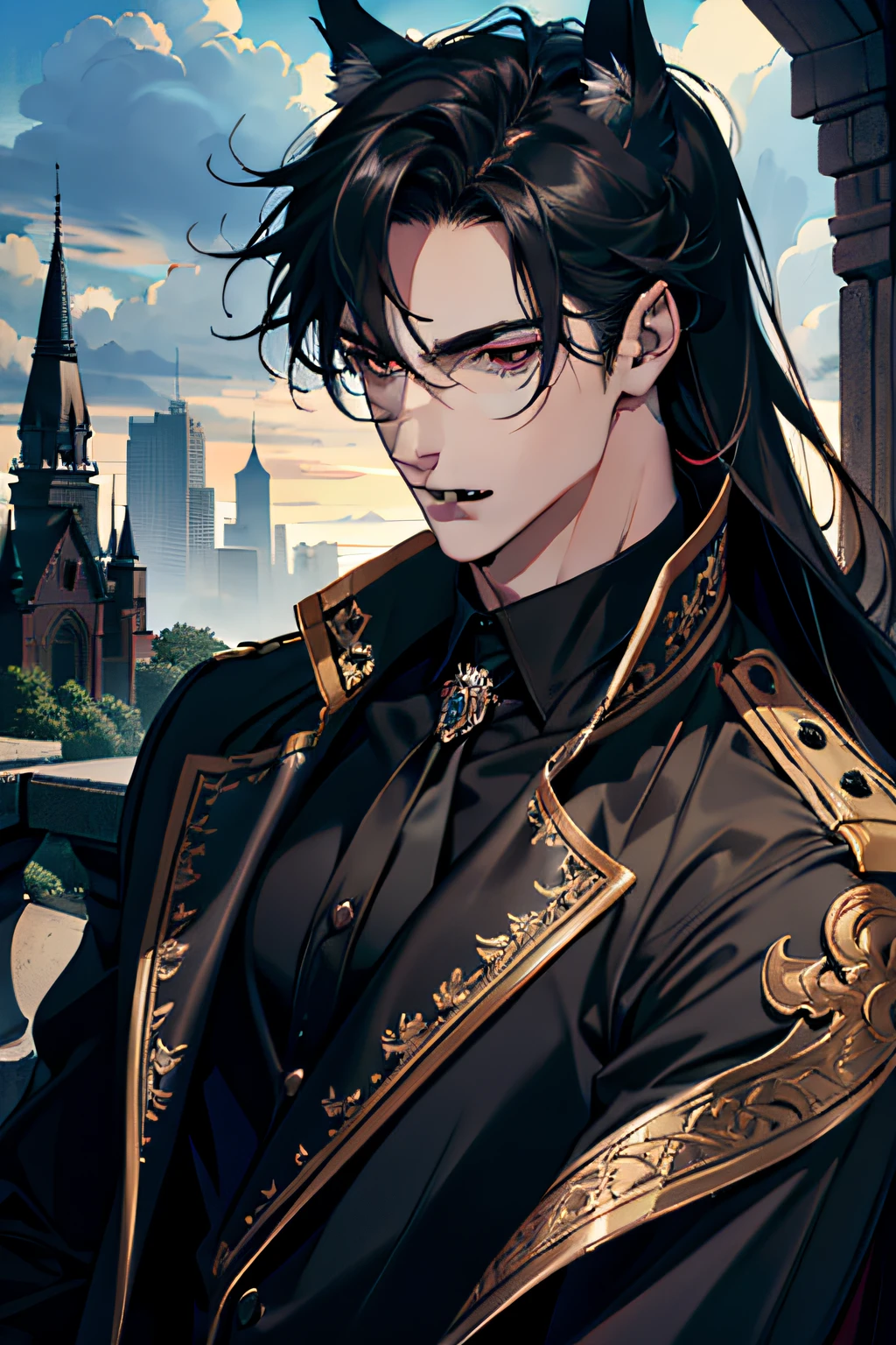 (absurdres, highres, ultra detailed), 1 male, adult, handsome, tall muscular guy, broad shoulders, finely detailed eyes and detailed face, black very long hair, red eyes, handsome, fantasy, gothic, wolf ears, wolf tail, Sunlight, Fantastic light and shadow, Scenery, portrait, vampire fangs, open mouth, sexy, attractive, full body, tongle, , no shirt,, Dog Collar