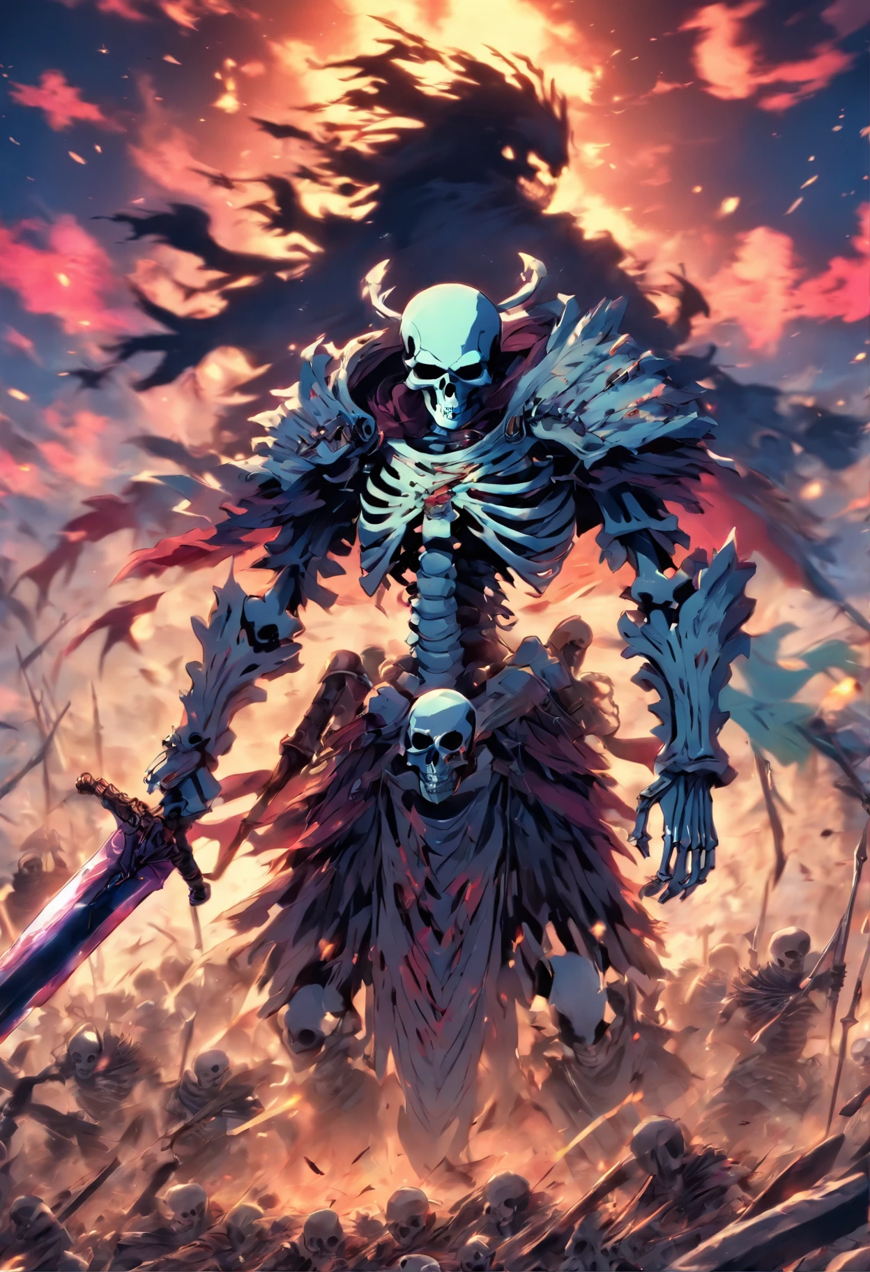 Skeleton warrior standing on a massive battlefield in apocalyptic world. Huge sword pointed in his direction.
