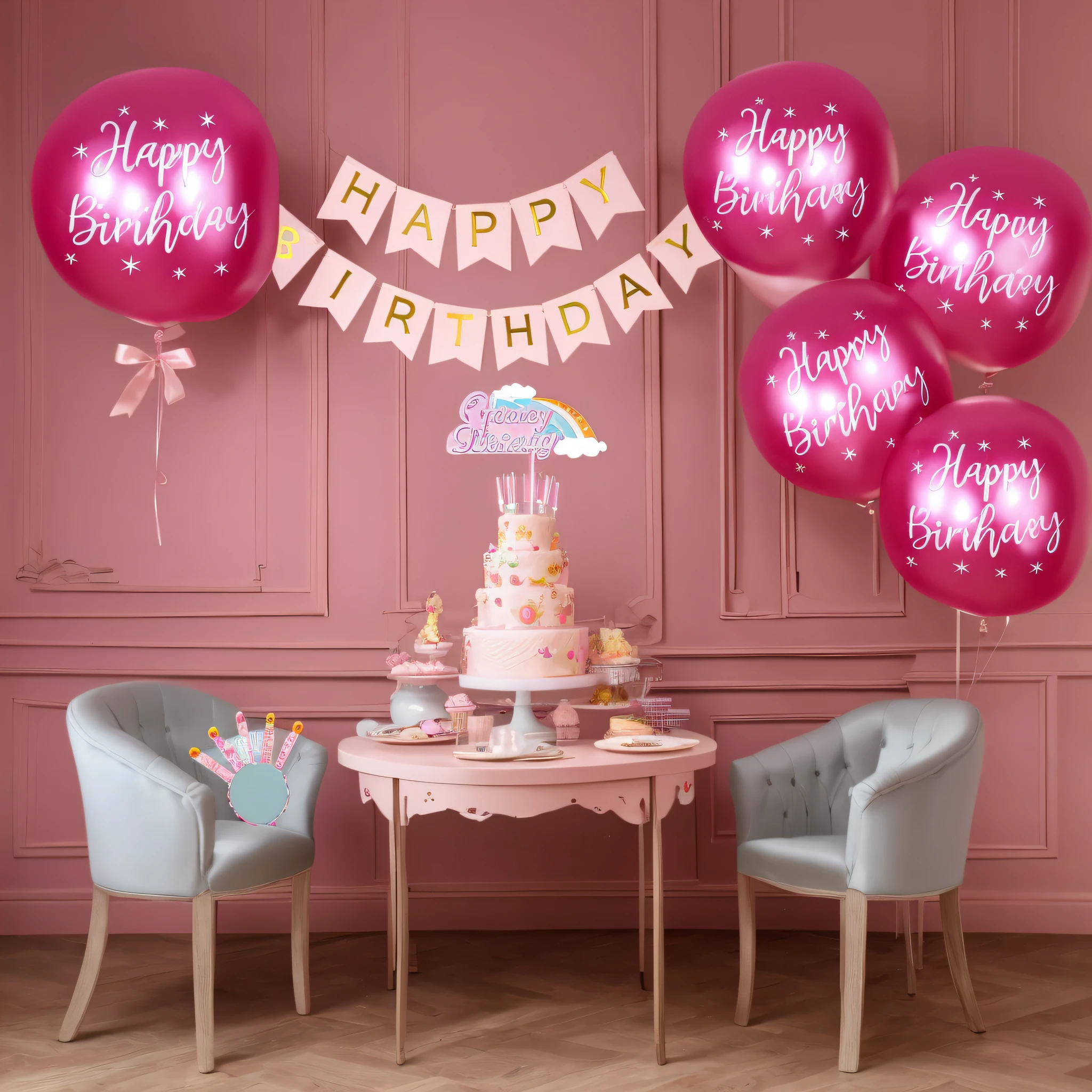 Balloons and cakes are placed on the table,There is a happy birthday banner on it, happy birthay, party balloons, Happy mood, (in pink), Birthday party, heaven pink, cheerfulness!!!, romantic motifs, shining and happy atmosphere, Decoration, magical mood, magical, very very happy!, bright happy atmosphere, birthday, hight decorated, Happy atmosphere, Sweet, with soft pink colors