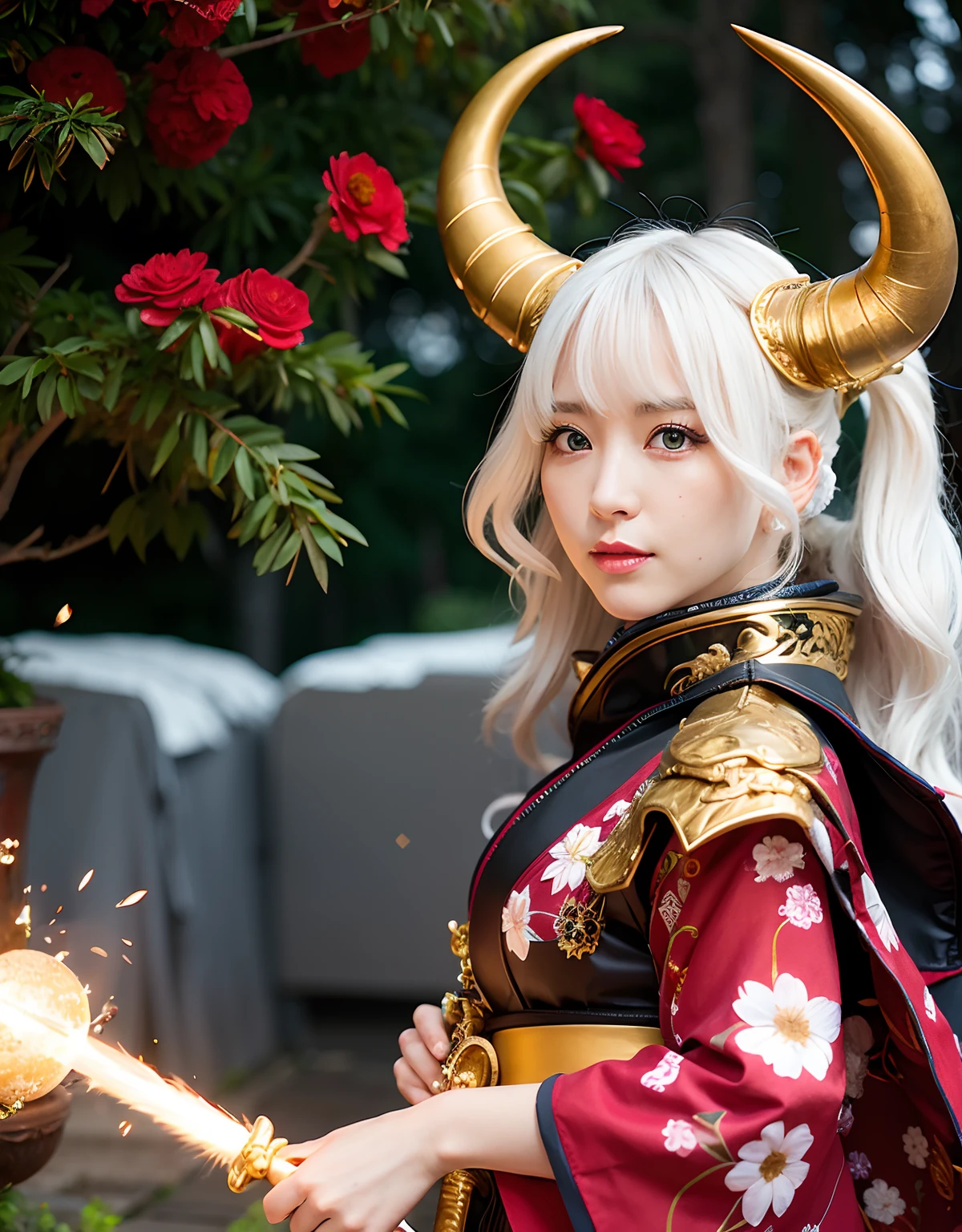 Professional , masterpiece、top-quality、photos realistic , depth of fields 、(White bikini armor)、(Mystical expression)、((Fight dragons)),(Wear a beautiful kimono),(Wear a beautiful kimono with colorful floral patterns)、Jewel Gold Weapon、Particles of light),Gorgeous gold weapons ,(( Gorgeous Dragon Sword)) , (Hold the Devil's Hand),,(maikurobikini) 、((White hair))、(Castle background)、(demonic wings)、((Gangle's forest background))、Beautiful Caucasian beauty、1a person、dynamic ungle,(((Two devil's horns on the head)))、Smaller head、Idle Smile、Thin and beautiful female hands、Mystical expression、Light Effects、intense fighting、Wind-effect、magic circles、With the legendary magic wand、Dragon's tail、