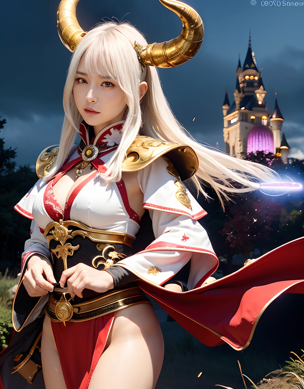 Professional , ​masterpiece、top-quality、photos realistic , depth of fields 、（White bikini armor)、（Mystical expression）、（（Fight dragons））,(Wear a beautiful kimono),（Wear a beautiful kimono with colorful floral patterns）、Jewel Gold Weapon、Particles of light),（Has a devil's mask）、Gorgeous gold weapons ,（（ Gorgeous Dragon Sword）） , （Hold the Devil's Hand）,,（maikurobikini） 、（（White hair））、（Castle background）、（demonic wings）、（（Gangle's forest background））、Beautiful Caucasian beauty、１a person、dynamic ungle,(((Two devil's horns on the head)))、Smaller head、Idle Smile、Thin and beautiful female hands、Mystical expression、Light Effects、intense fighting、Wind-effect、magic circles、With the legendary magic wand、Dragon's tail、