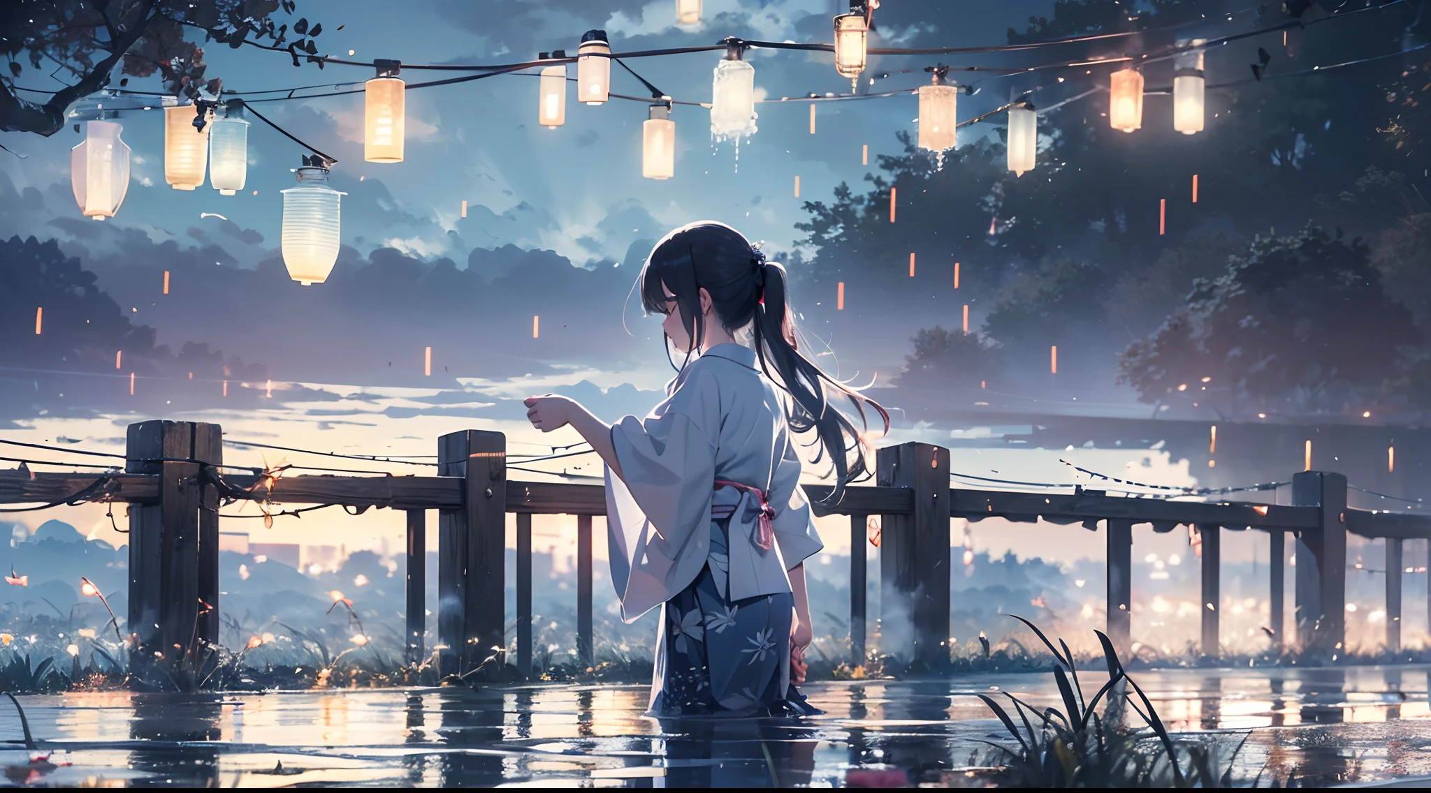 Masterpiece, illusion, Highest Quality, natta, Cloudy night, Oborotsuki, ((Fireflies)), ((countryside)), (countryside), River surface, Adult woman wearing a yukata, Heavy evening fog, Flowing evening fog, dry ice, thick fog, confession, regret, loneliness, Long black hair, Hair luster, after the rain, Whole body, Overhead, Sync Lantern, sorrow, separation, reminiscence, thought
