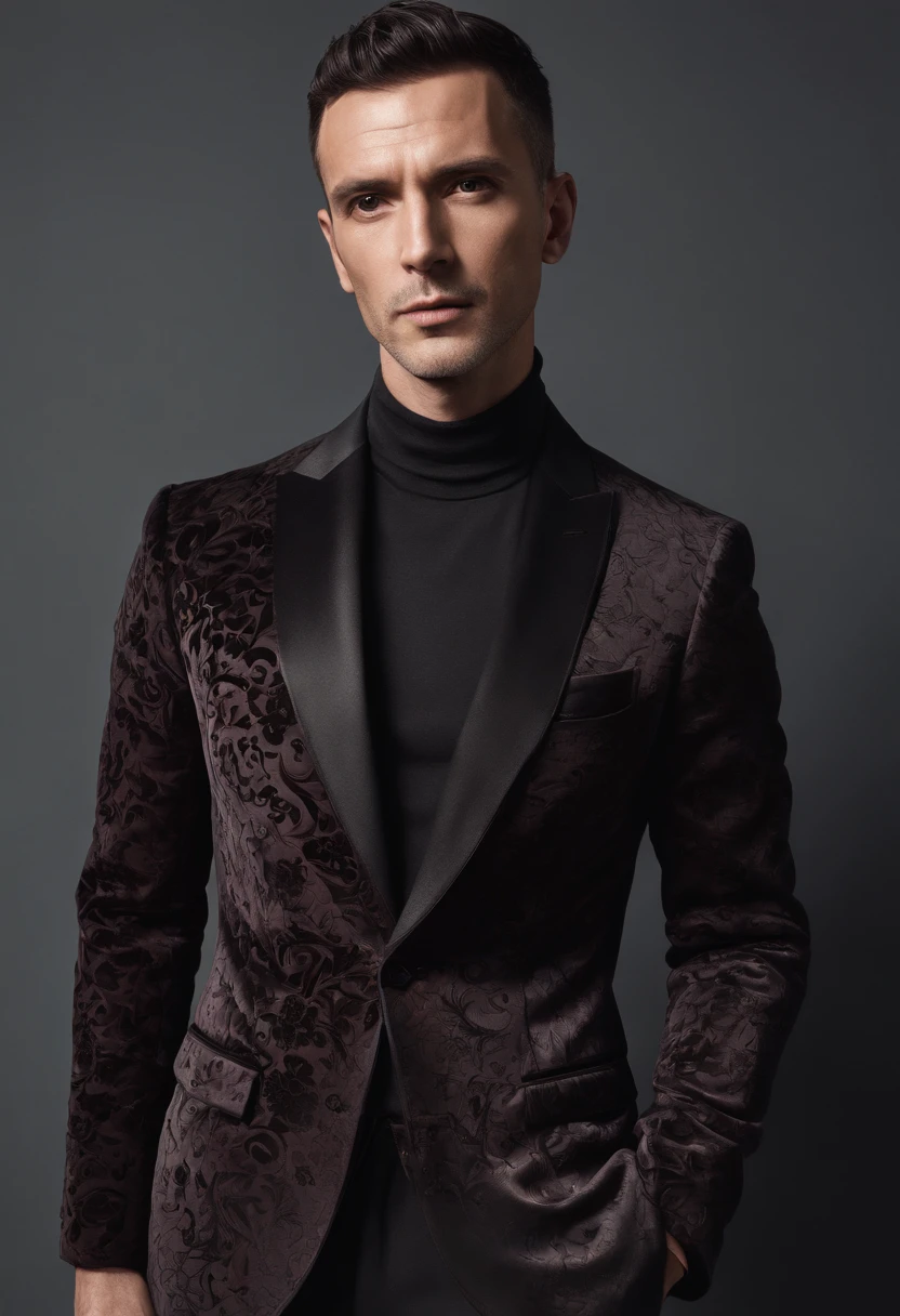 Cinematic photo, wide angle, of a handsom man, tall and fit, 40 years old, (shaven:1.2) , short curly brown hair. dark brown tight velvet suit, (the jacket has black flower patterns:1.2). Minimalistic background, clean composition, strong details, Muted Colours, Hasselblad --style raw