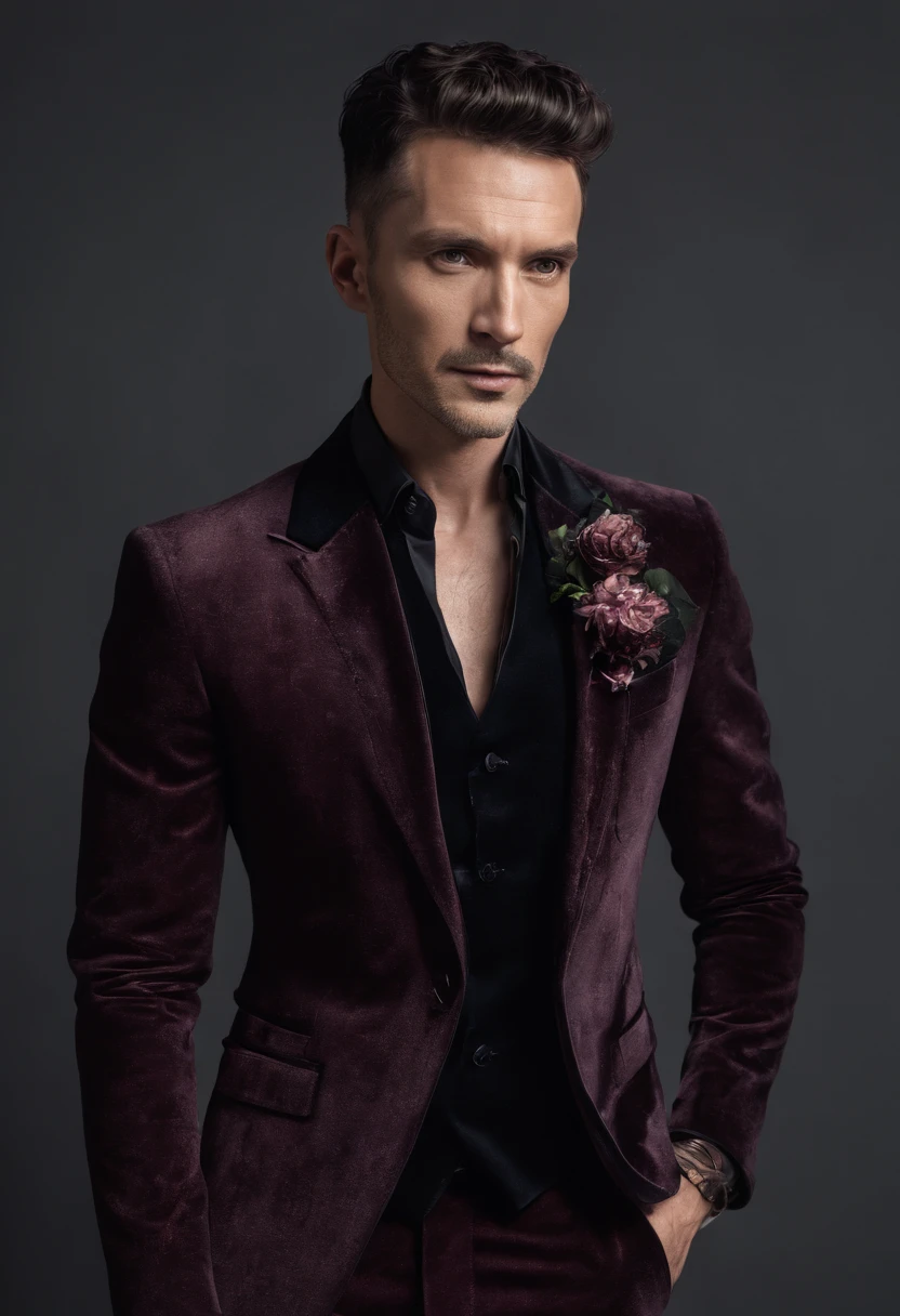 Cinematic photo, wide angle, of a handsom man, tall and fit, 40 years old, (shaven:1.2) , short curly brown hair. dark brown tight velvet suit, (the jacket has black flower patterns:1.2). Minimalistic background, clean composition, strong details, Muted Colours, Hasselblad --style raw