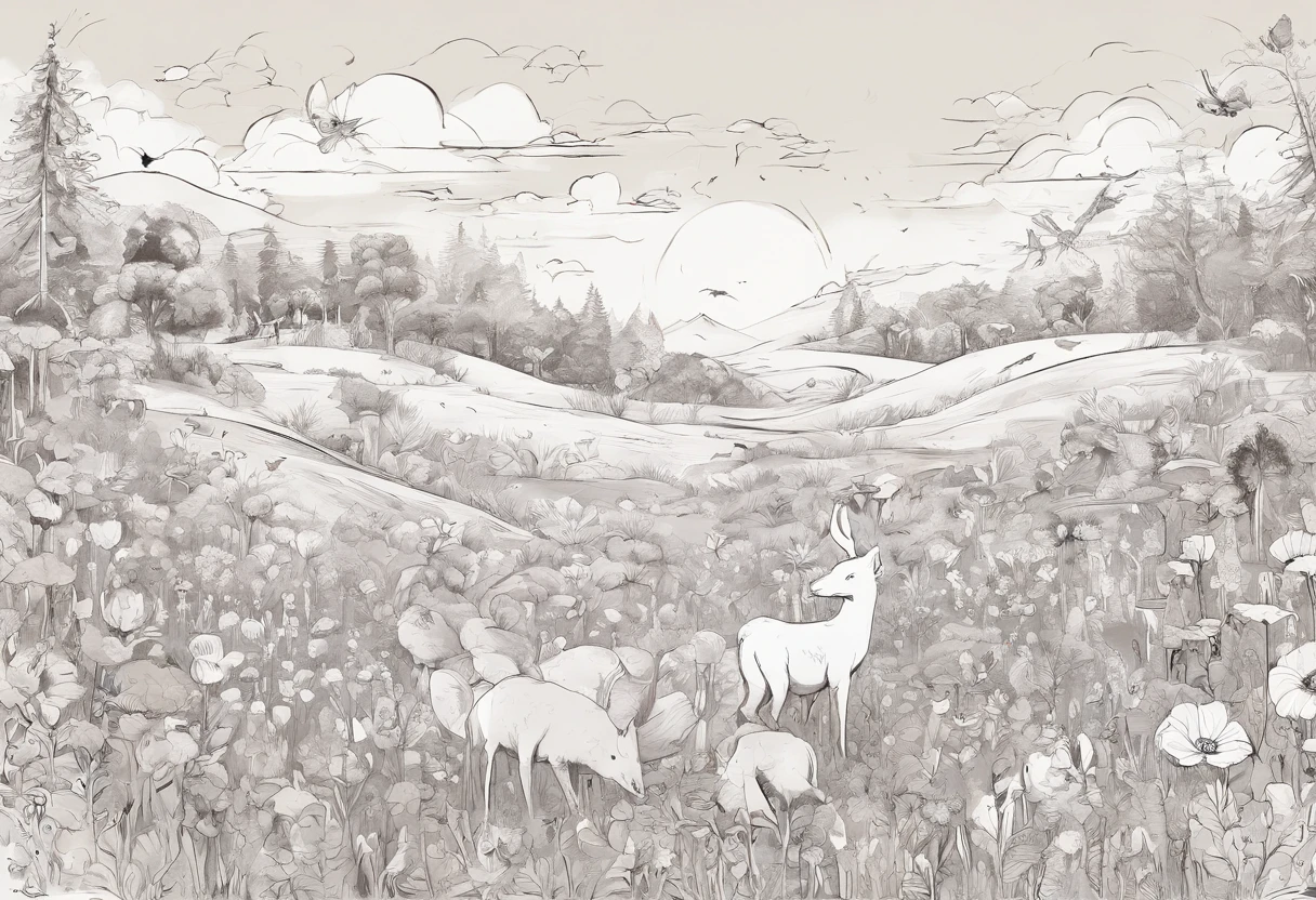 There are photos of various animals in a flower field, line art illustration, ln the forest, Hand drawn illustrations, illustration, pattern designs, Fantasy Forest