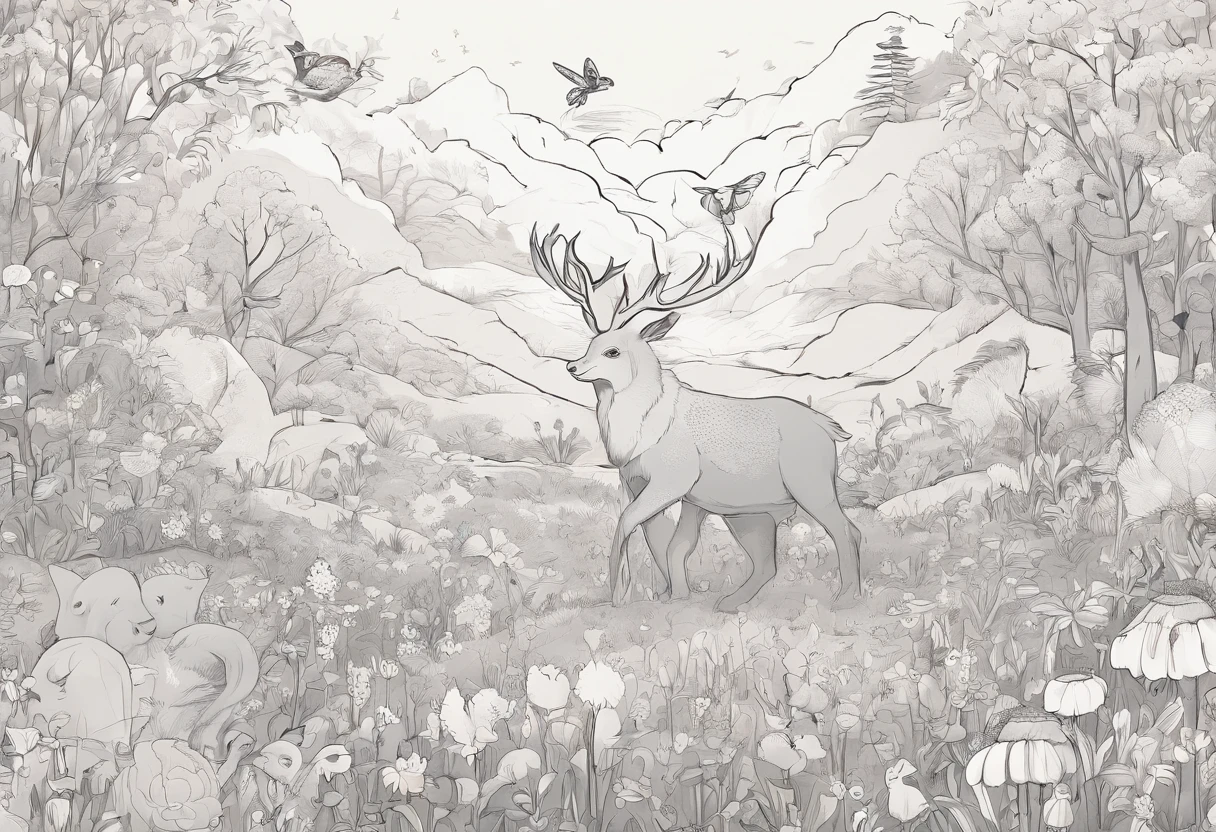 There are photos of various animals in a flower field, line art illustration, ln the forest, Hand drawn illustrations, illustration, pattern designs, Fantasy Forest