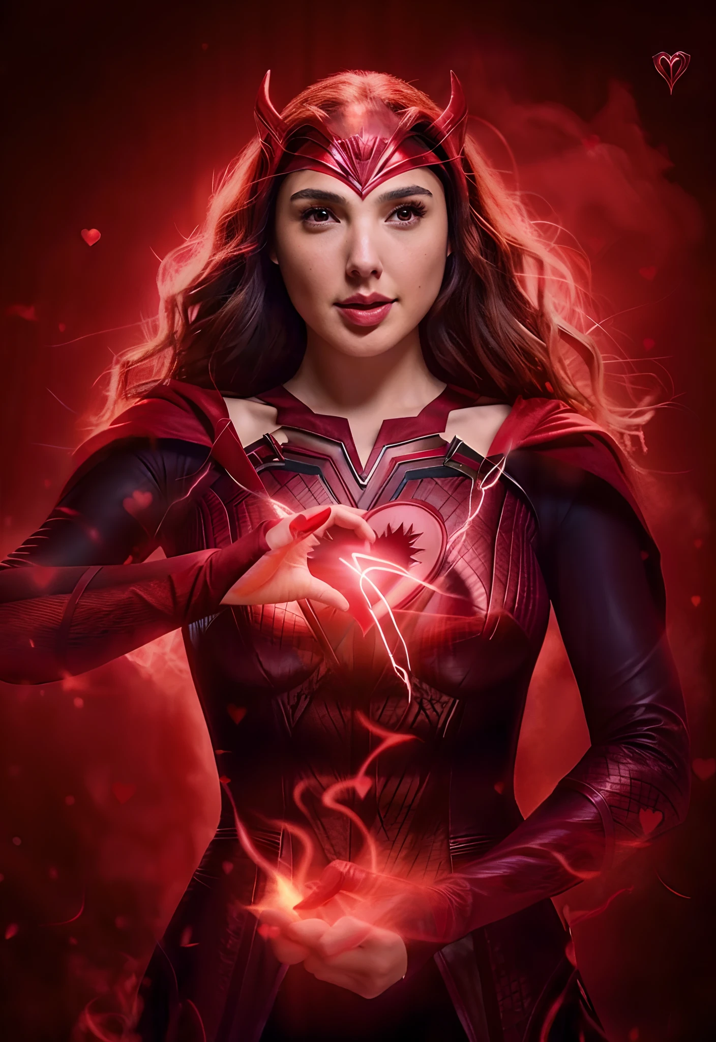 Gal Gadot, a woman in a red dress holding a heart with a demon face, scarlet witch marvel, Gal Gadot as scarlet witch, scarlet witch, scarlet witch costume, she has fire powers