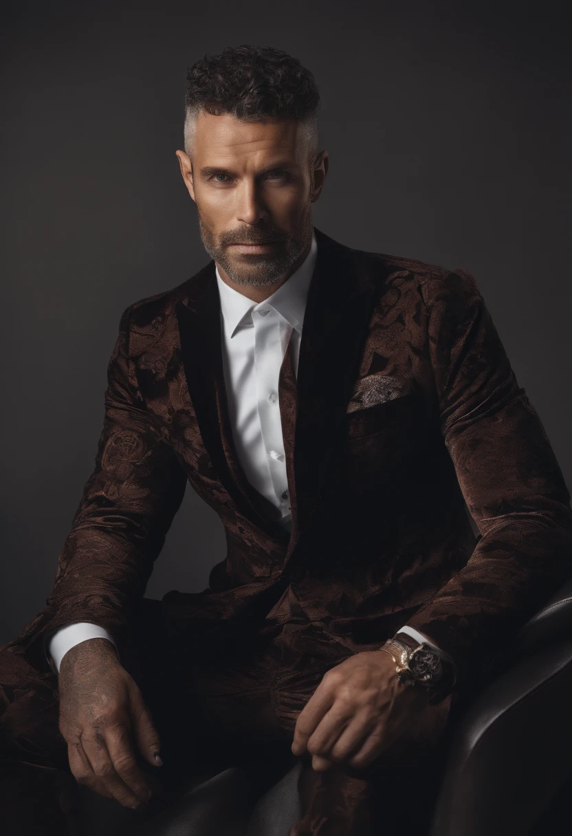 Cinematic photo, wide angle, of a handsom man, tall and fit, 40 years old, (shaven:1.2) , short curly brown hair. dark brown tight velvet suit, (the jacket has black flower patterns:1.2). Minimalistic background, clean composition, strong details, Muted Colours, Hasselblad --style raw