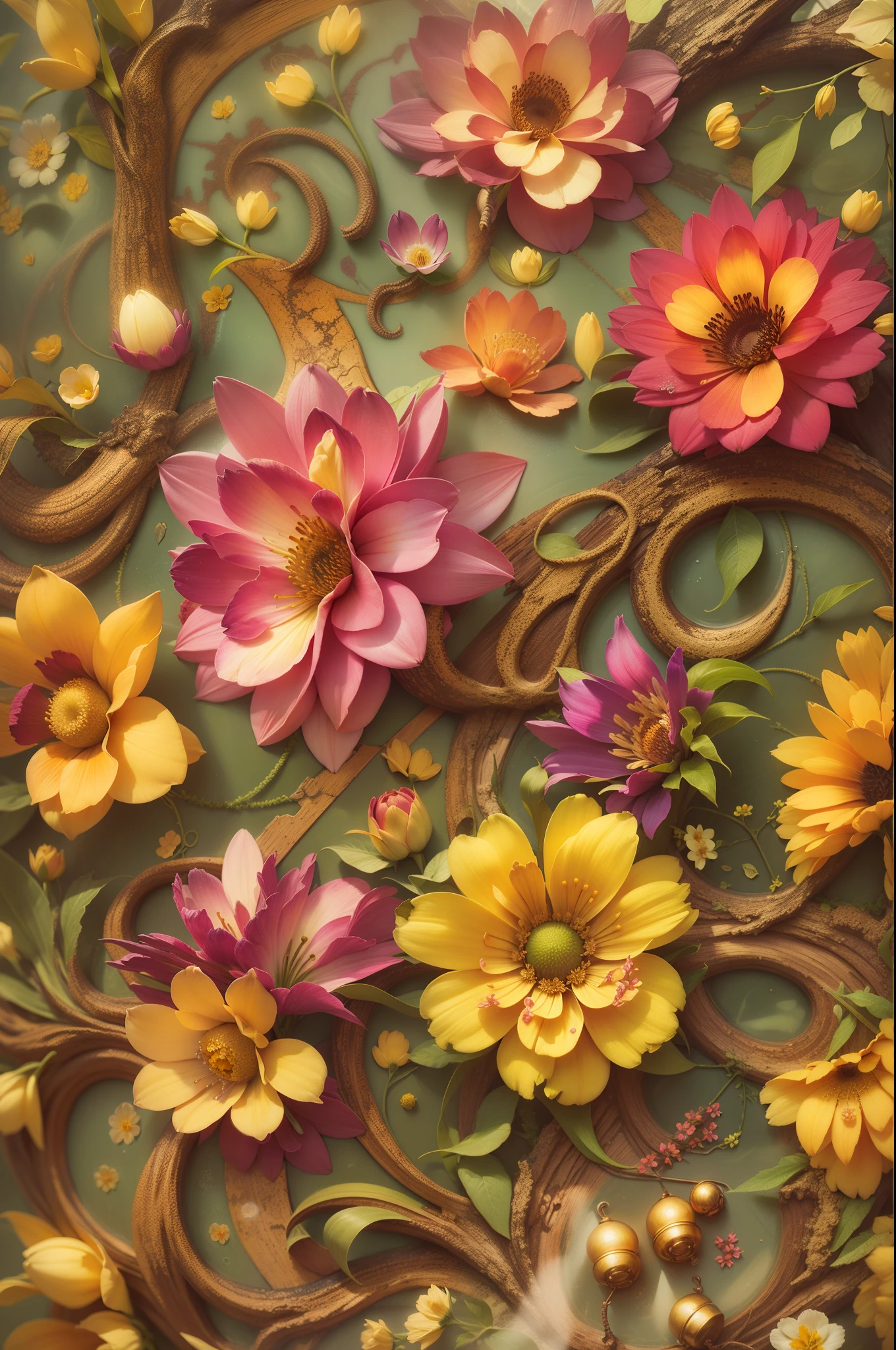 A beautiful flower，This artwork is colorful，Yellow and gold are the main colors，It should be the highest resolution, Extremely detailed, And it's great, Available in a variety of colors and shades. The photos are gorgeous，detail-rich. Including fantasy details, Enhanced detail, rainbowing, Colorful sparkling wind. Make sure it's beautiful and realistic details. 8K, Intricate, elegant, Highly detailed, Majestic, Digital photography, hdr, llight rays, ornate flowers, Dewdrops, Sunlight, Hazy sunlight, estilo FlowerGateway, Flowers, Growing