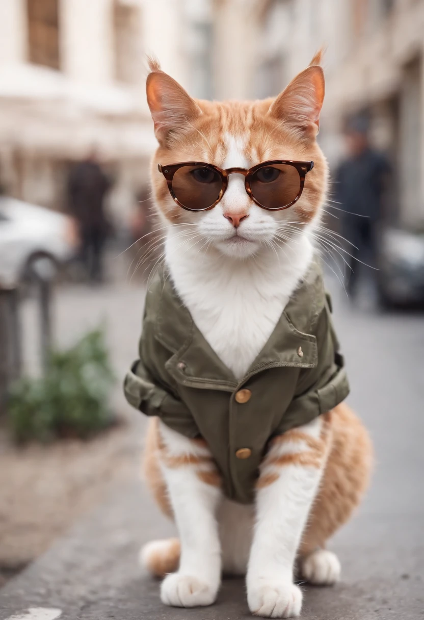 a cat on its two leg walking on the street holding a cup and wearing jacket and sunglass