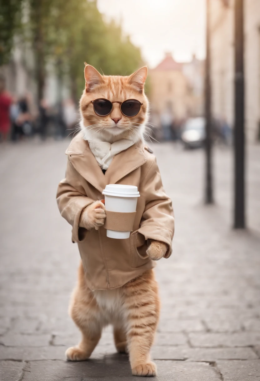 a cat on its two leg walking on the street holding a cup and wearing jacket and sunglass