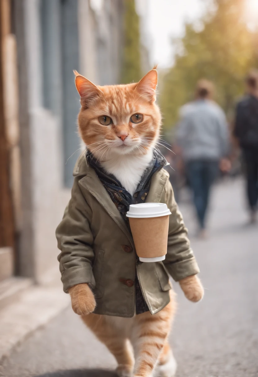 a cat on its two leg walking on the street holding a cup and wearing jacket and sunglass