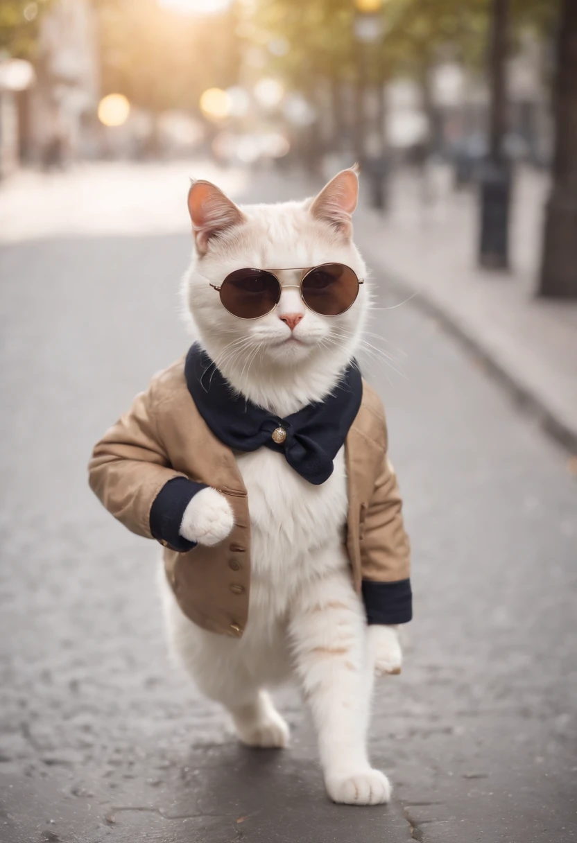 a cat on its two leg walking on the street holding a cup and wearing jacket and sunglass