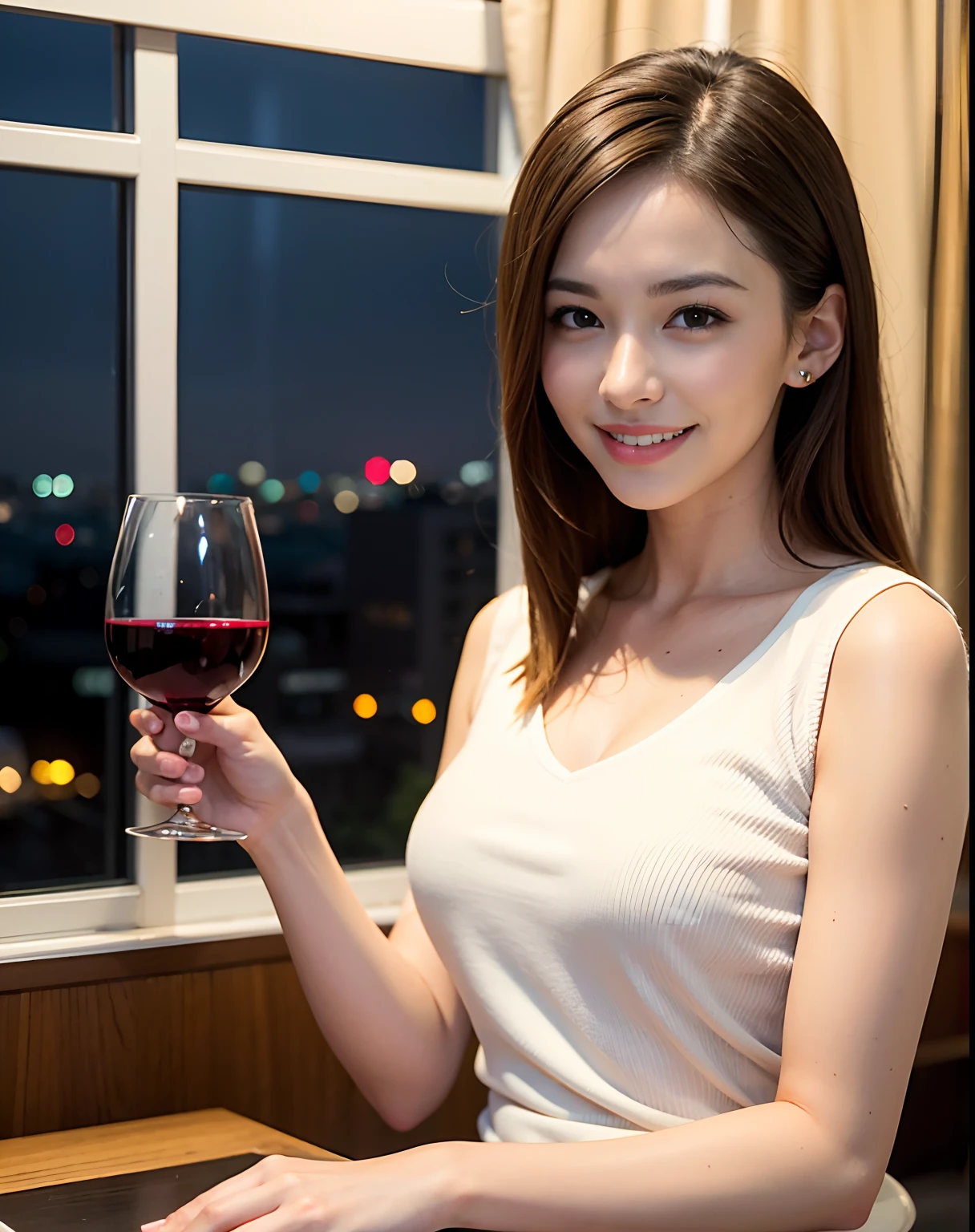 (64K, UHD, top quality, masterpiece: 1.2), (realistic, photorealistic: 1.37), super detailed, pretty woman 1 person, (slim face), (slim body), (brown hair), (short cut), cheeks slightly blushing, (44 years old), 38 years old, solo, beautiful detailed urban night view outside the window, restaurant, wine glasses sit, at night, in a prominent placeNovaFrogStyle, Actress, Model, Waist Up, White Wine, Slim, Wine Glass, Super Clean Night View, Wine Glass Put in the Middle, Happy Smile, (Smile: 1.15), Beautiful Fine Eyes, Upper Body, Bust Japan Up, Night, Short, Short, Actress, Model, Waist Up, White Wine, Slim, Wine Glass, Super Clean Night View, Wine Glass Put in the Middle, Happy Smile,