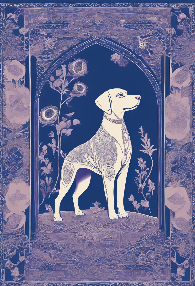 the dog is in bluein this paper cut illustration, in the style of eastern-inspired motifs, lith printing, eye-catching tags, precisionist lines, light purple and cblue, clean and sharp inking, terracotta medallions