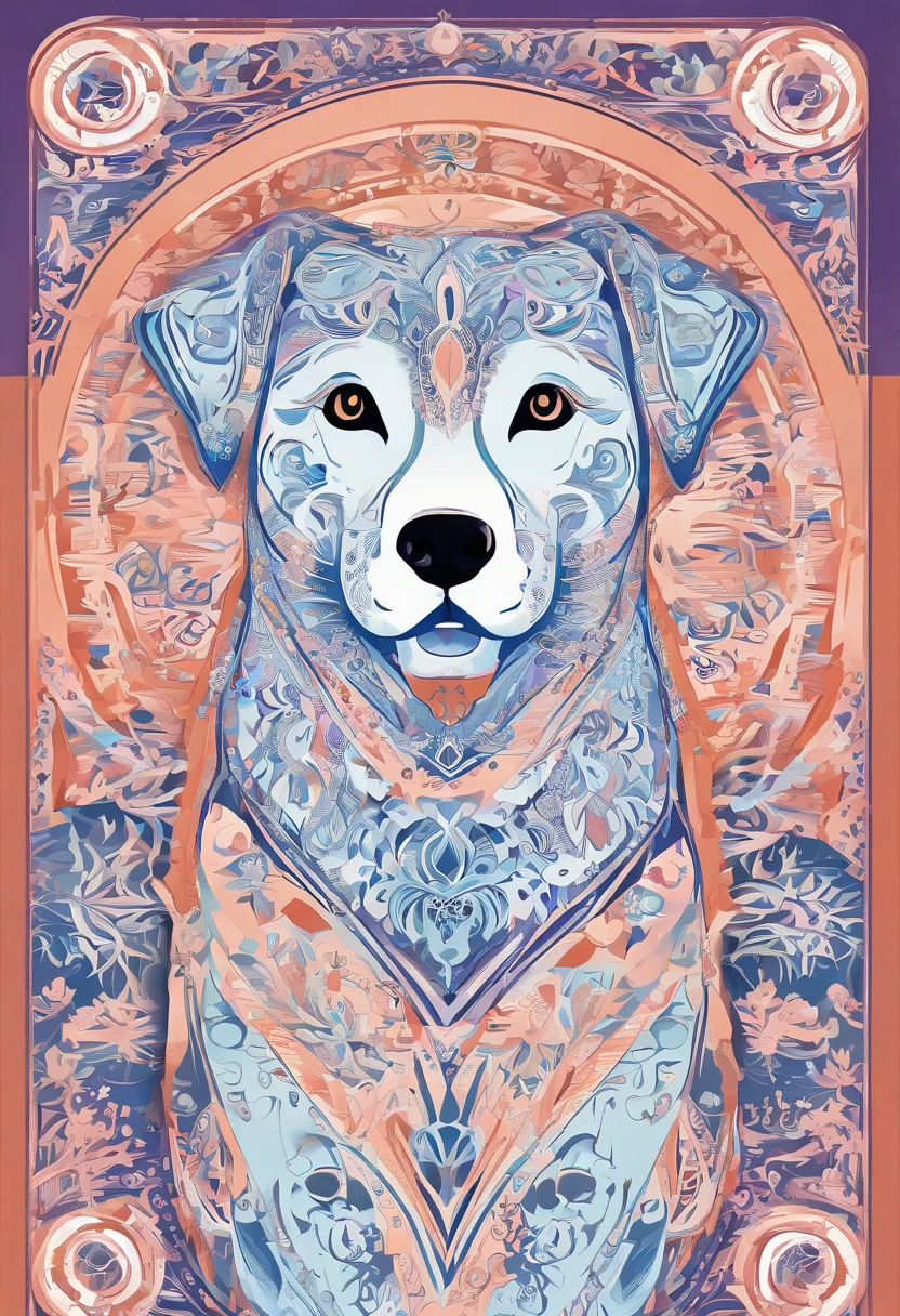 the dog is in bluein this paper cut illustration, in the style of eastern-inspired motifs, lith printing, eye-catching tags, precisionist lines, light purple and cblue, clean and sharp inking, terracotta medallions