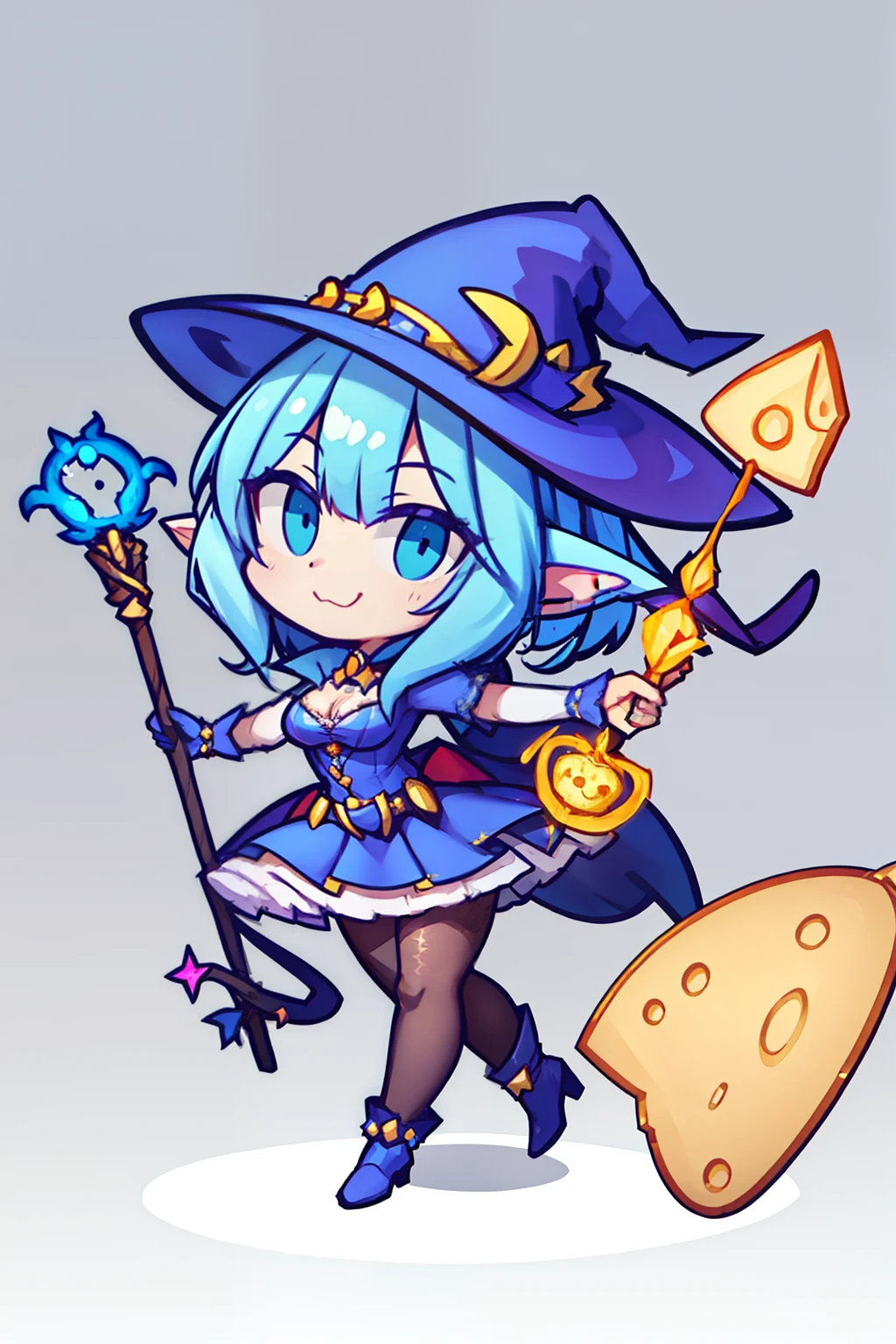 Cheese anthropomorphism，sorceress woman，the witch，There are mouse ears on the hat，Chasing a cat，The staff is pointed at the cat，Turn it into cheese by magic，adolable，European and American Q version cartoon