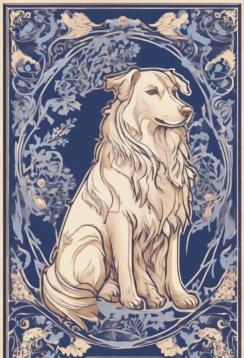 the dog is in bluein this paper cut illustration, in the style of eastern-inspired motifs, lith printing, eye-catching tags, precisionist lines, light purple and cblue, clean and sharp inking, terracotta medallions