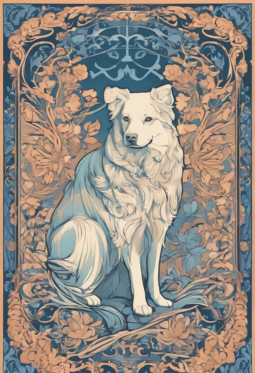 the dog is in bluein this paper cut illustration, in the style of eastern-inspired motifs, lith printing, eye-catching tags, precisionist lines, light purple and cblue, clean and sharp inking, terracotta medallions