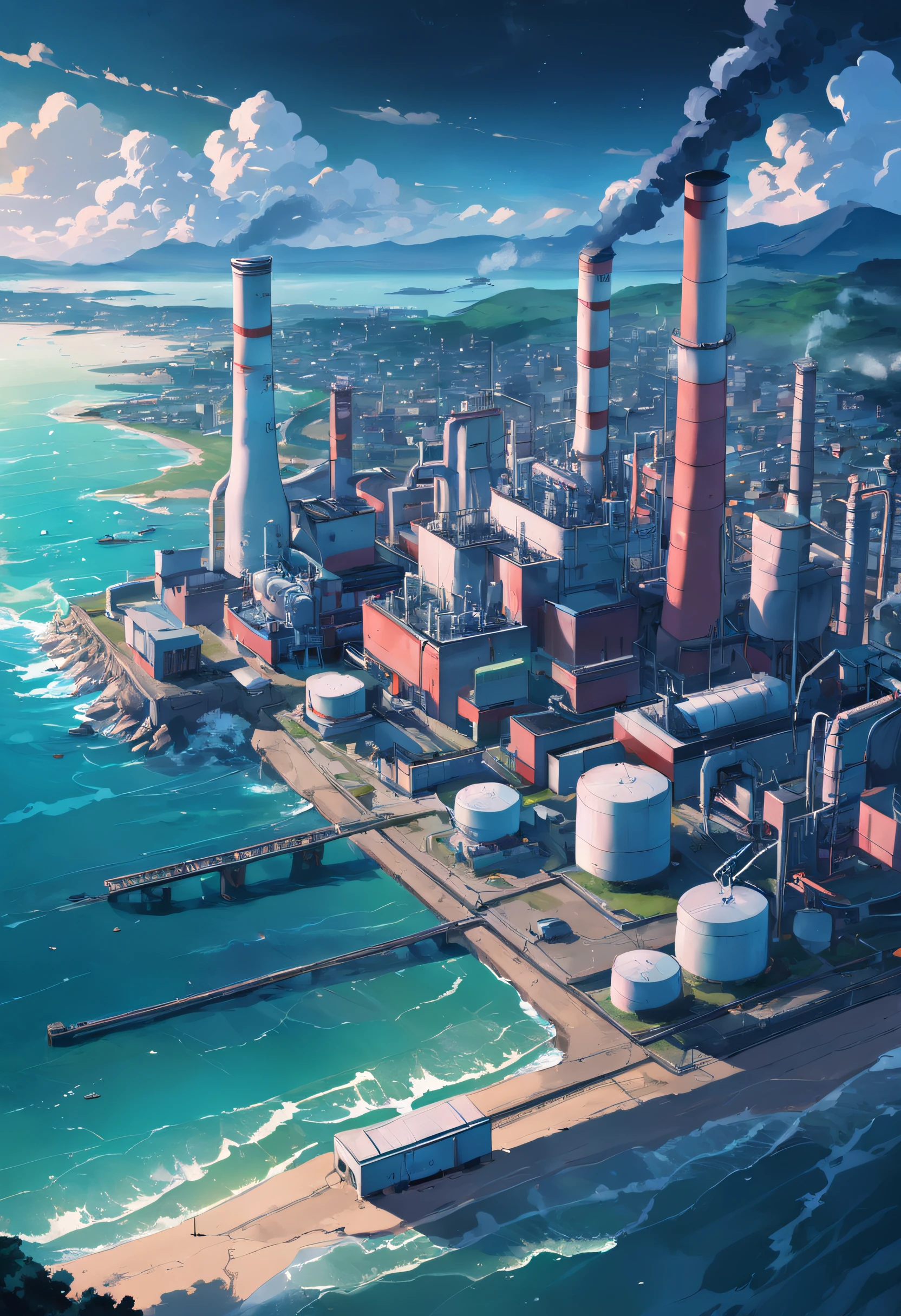Representing the appearance of chemical industries in a city. Show pollutant drains. Dumping contaminated water into the ocean, in rivers and lakes. Emphasize the contrast between the color of the nuclear power plant's wastewater and the vast sea