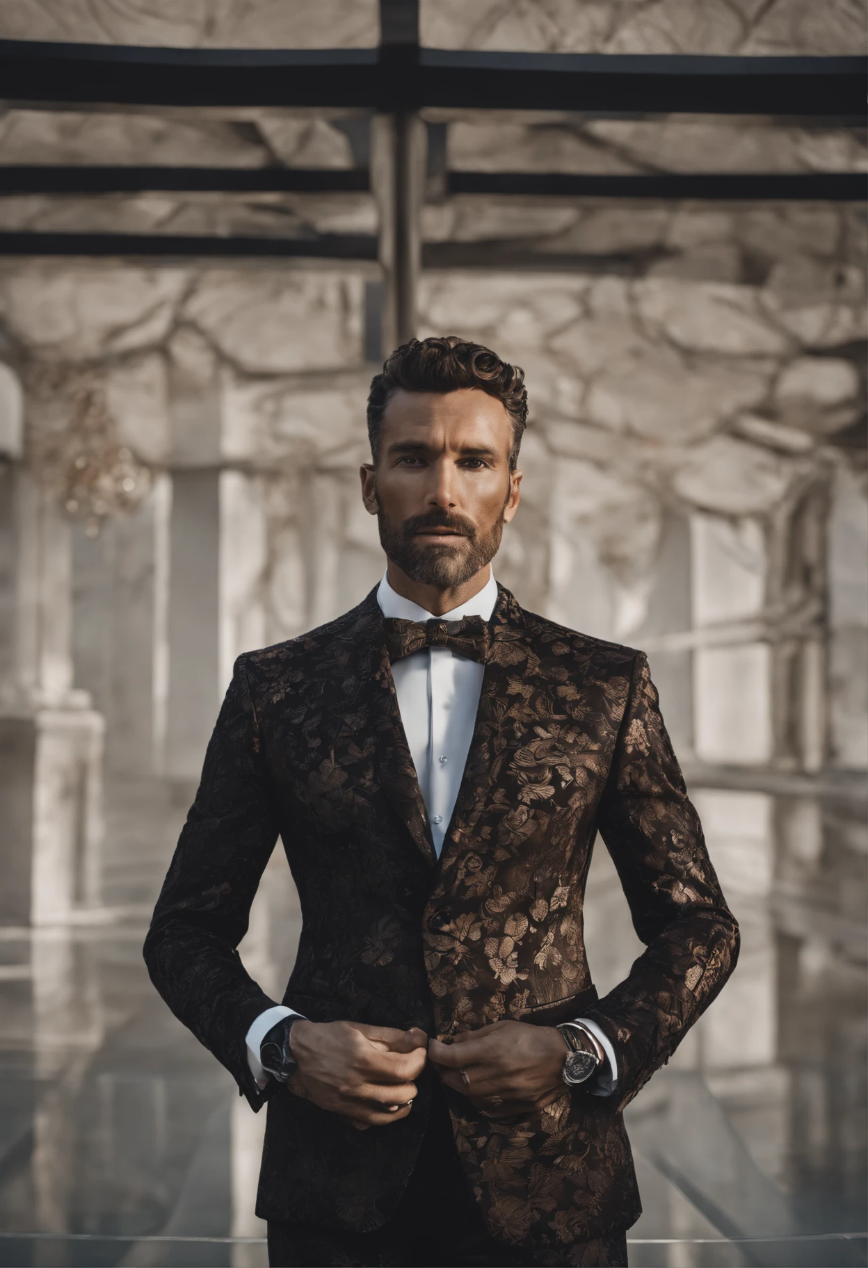 Cinematic photo, wide angle, of a handsom man, tall and fit, 40 years old, (shaven:1.2) , short curly brown hair. dark brown tight velvet suit, (the jacket has black flower patterns:1.2). Minimalistic background, clean composition, strong details, Muted Colours, Hasselblad --style raw