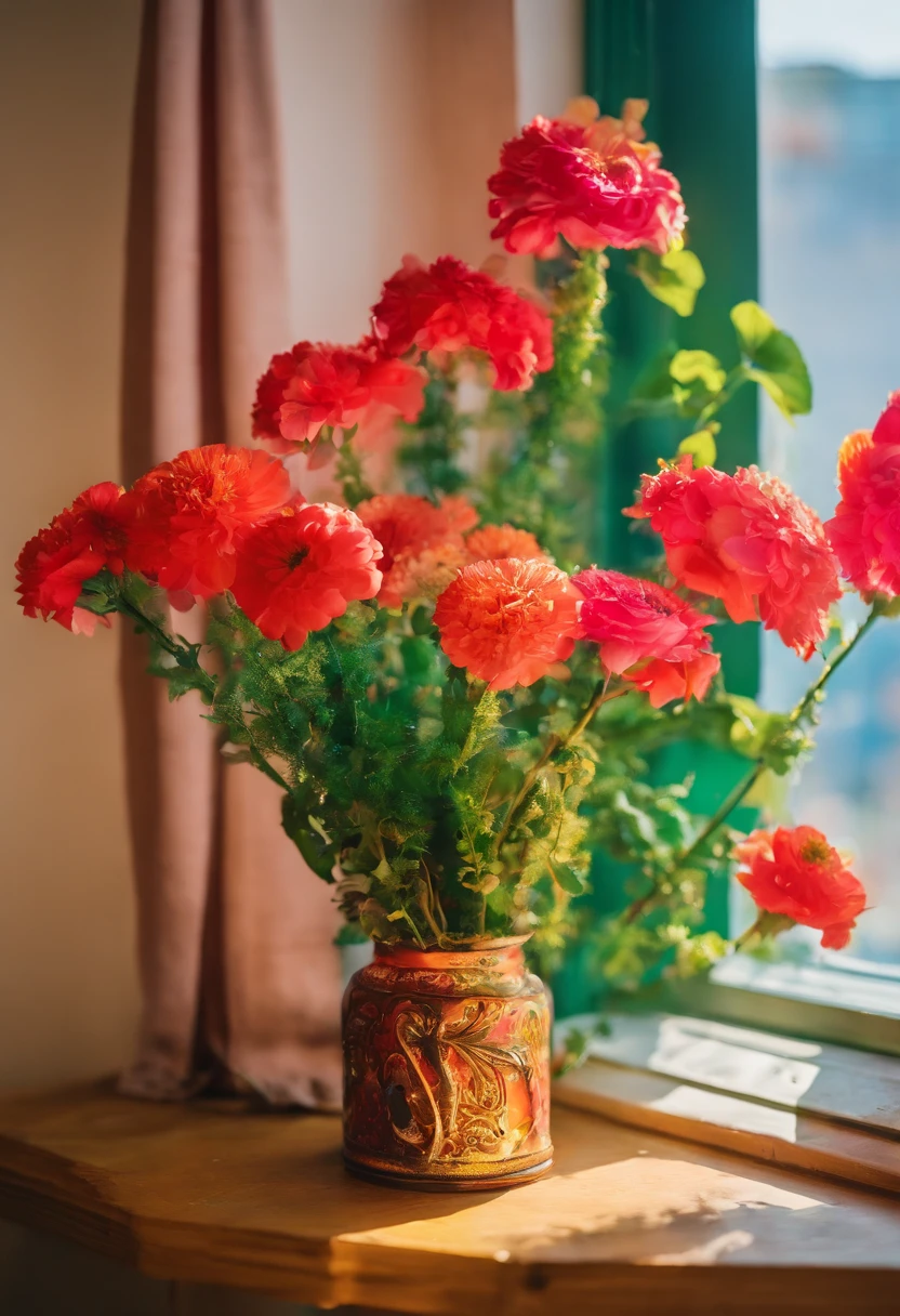 /imagine prompt: color photo of a vibrant bouquet of flowers in a rustic wooden vase, sitting on a sunlit windowsill, with a girl wearing a red coat
a lively splash of red amidst the colorful blossoms, a striking contrast,
the girl's coat billowing in the breeze, adding movement and energy,
her radiant smile reflecting the joy and beauty of the flowers,
the windowsill adorned with delicate lace curtains, adding a touch of elegance,
Nikon D850 camera, Fujifilm Velvia 50 film, 35mm lens with shallow depth of field,
director Wes Anderson, cinematographer Emmanuel Lubezki, fashion designer Karl Lagerfeld —c 10 —ar 2:3