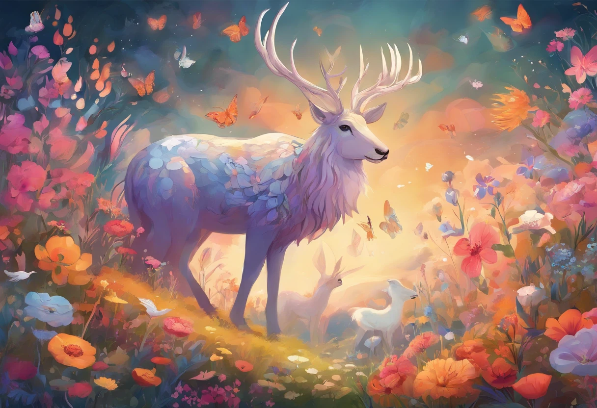 There are photos of various animals in a flower field, line art illustration, ln the forest, Hand drawn illustrations, pattern designs, Fantasy Forest