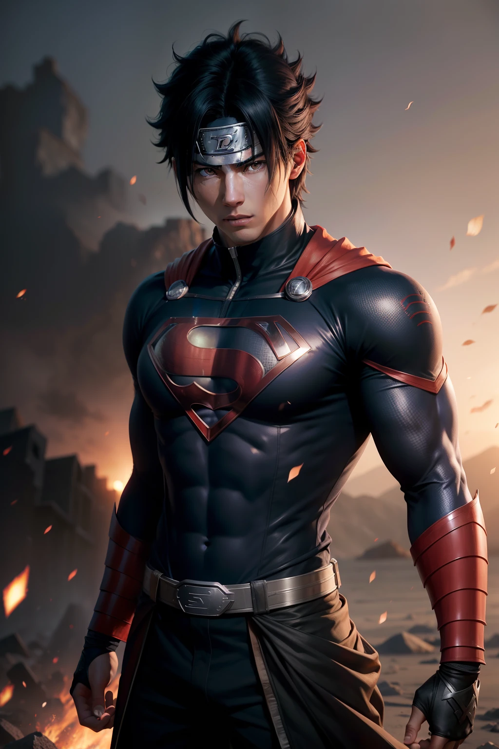 sasuke(naruto) x superman, full body, solo, male, realistic, detailed, perfect lighting, perfect shadow, perfect body, perfect picture, Super High Resolution, (Realism: 1.4), Original Photo, Best Quality, Masterpiece, Cinematic Experience
