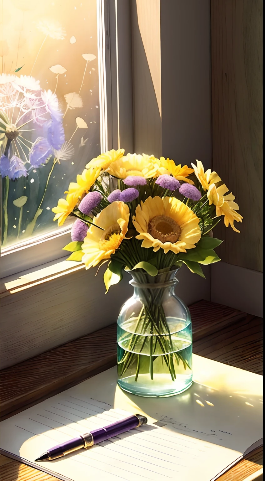 in the early morning,On the desk in front of the window was a bouquet of flowers wrapped in paper, dandelion, himawari, Miniature violet, morningglow, Sunny morning, Feel satisfied, Feel cared for, Charming, dream magical, pastelcolor, Watercolor with pen and ink