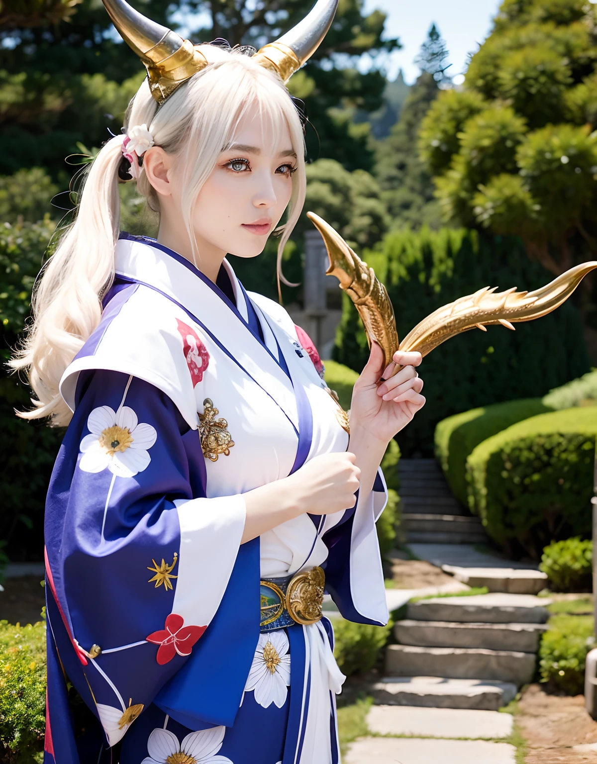 Professional , masterpiece、top-quality、photos realistic , depth of fields 、(White bikini armor)、(Mystical expression)、((Fight dragons)),(Wear a beautiful kimono),(Wear a beautiful kimono with colorful floral patterns)、Jewel Gold Weapon、Particles of light),Gorgeous gold weapons ,(( Gorgeous Dragon Sword)) , (Hold the Devil's Hand),,(maikurobikini) 、((White hair))、(Castle background)、(demonic wings)、((Gangle's forest background))、Beautiful Caucasian beauty、1a person、dynamic ungle,(((Two devil's horns on the head)))、Smaller head、Idle Smile、Thin and beautiful female hands、Mystical expression、Light Effects、intense fighting、Wind-effect、magic circles、With the legendary magic wand、Dragon's tail、
