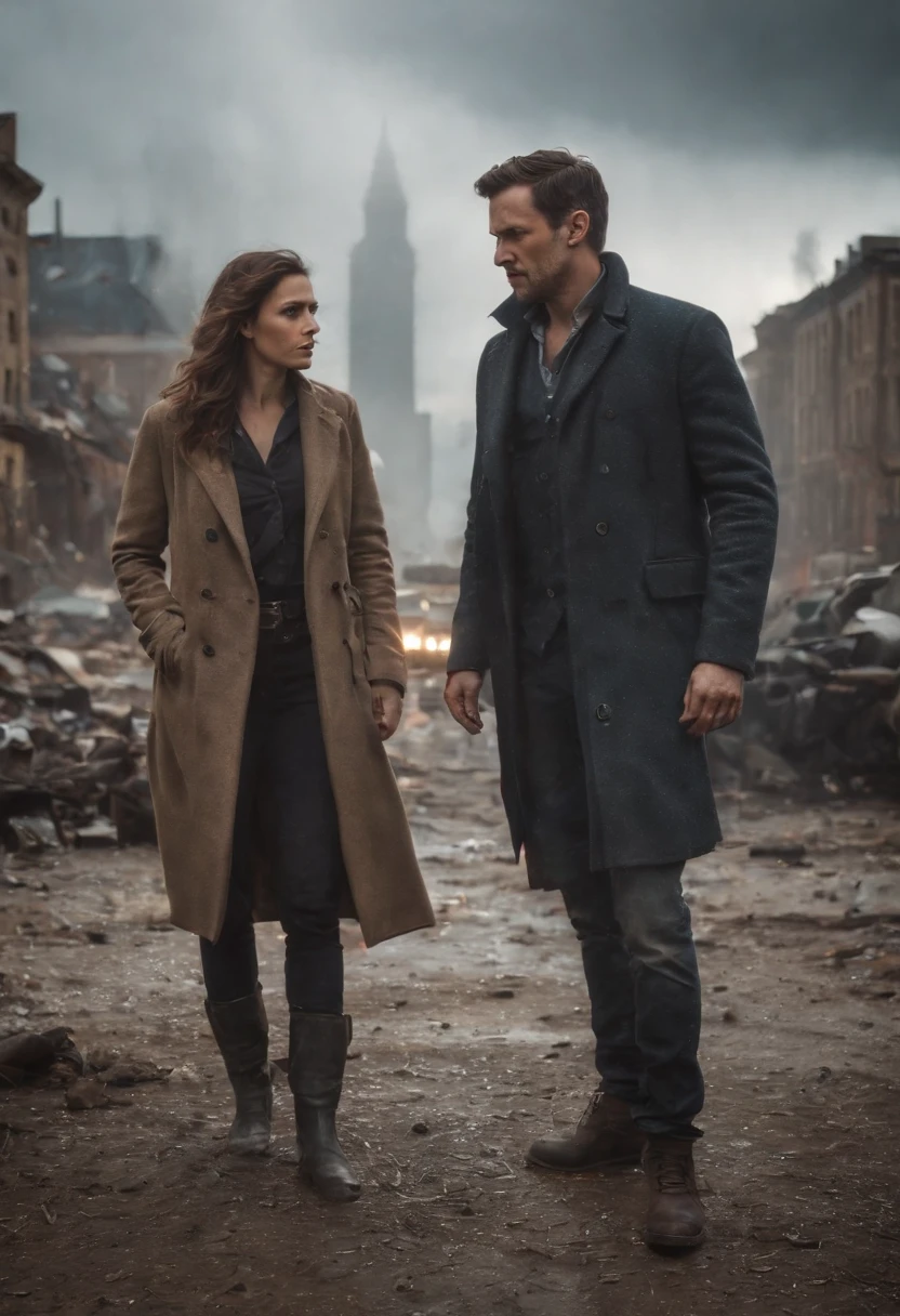 Create a cinematic scene for a movie poster that captures the intense moment when the hero confronts the main antagonist in a post-apocalyptic world, with a dramatic backdrop of a crumbling cityscape and a stormy sky