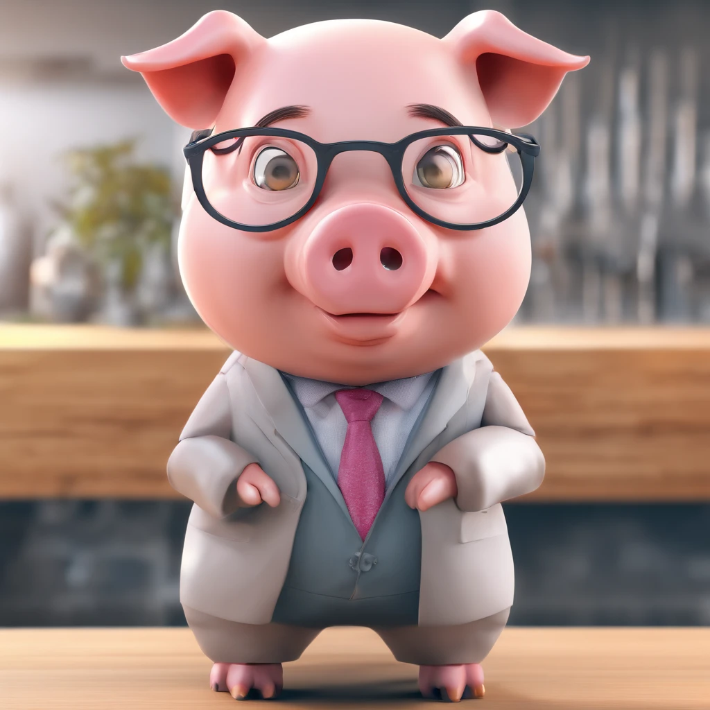 A humanoid pig，pigs，IP image，adolable，wears glasses，The head is big，Masterpiece，4k，High quality details