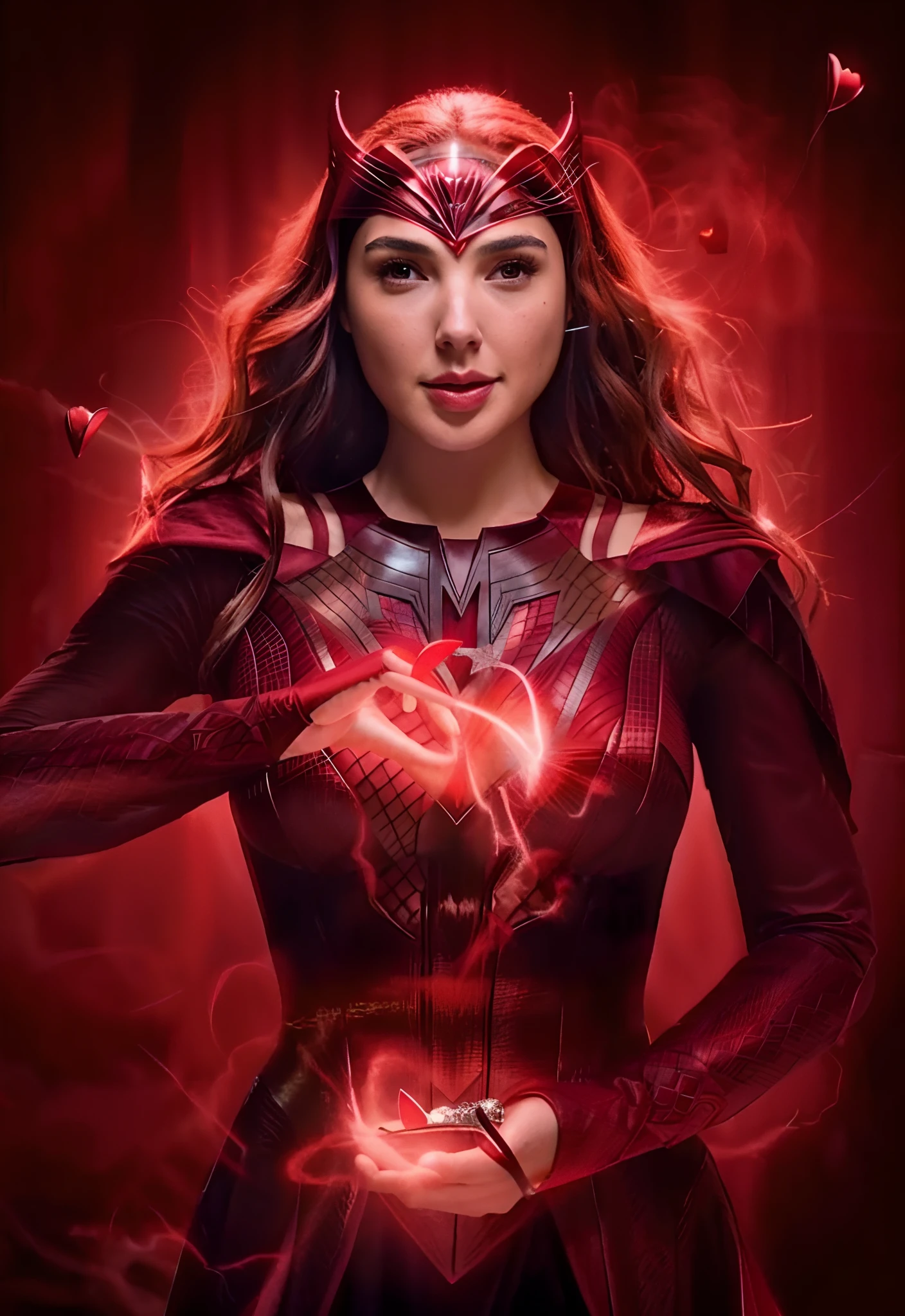 Gal Gadot, a woman in a red dress holding a heart with a demon face, scarlet witch marvel, Gal Gadot as scarlet witch, scarlet witch, scarlet witch costume, she has fire powers