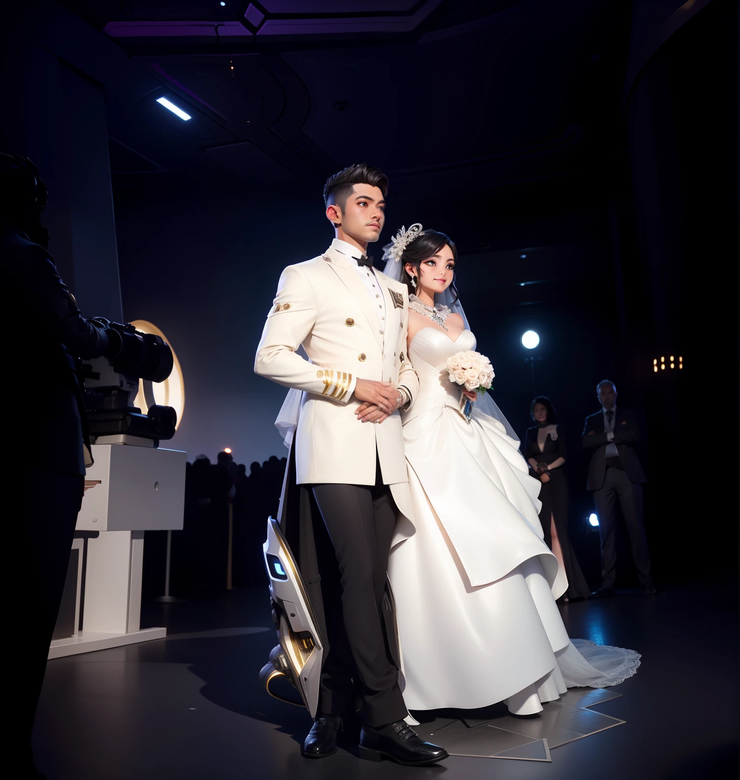 (complexdetails,hyperdetailed:1.2),Cinema lenses,Halo shadow,at centre,Weddings,sweet,cyber punk perssonage,