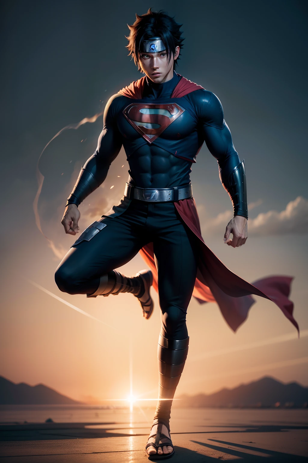 sasuke(naruto) x superman, full body, solo, male, realistic, detailed, perfect lighting, perfect shadow, perfect body, perfect picture, Super High Resolution, (Realism: 1.4), Original Photo, Best Quality, Masterpiece, Cinematic Experience