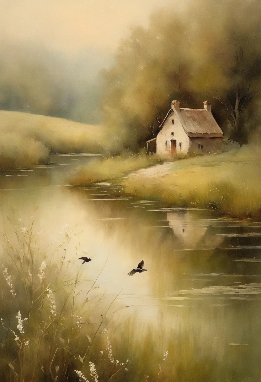 Wormwood grows,the birds,Extreme fading, Light white tones, More light, com cores neutras, Very faded, French, Vintage, Antique landscape painting, Subtle softness, Very light pastel colors, High texture, Quaint cottage, pond, green trees, aquarelle,--v 5, More faded, More antiques, Texture, Watercolor spots